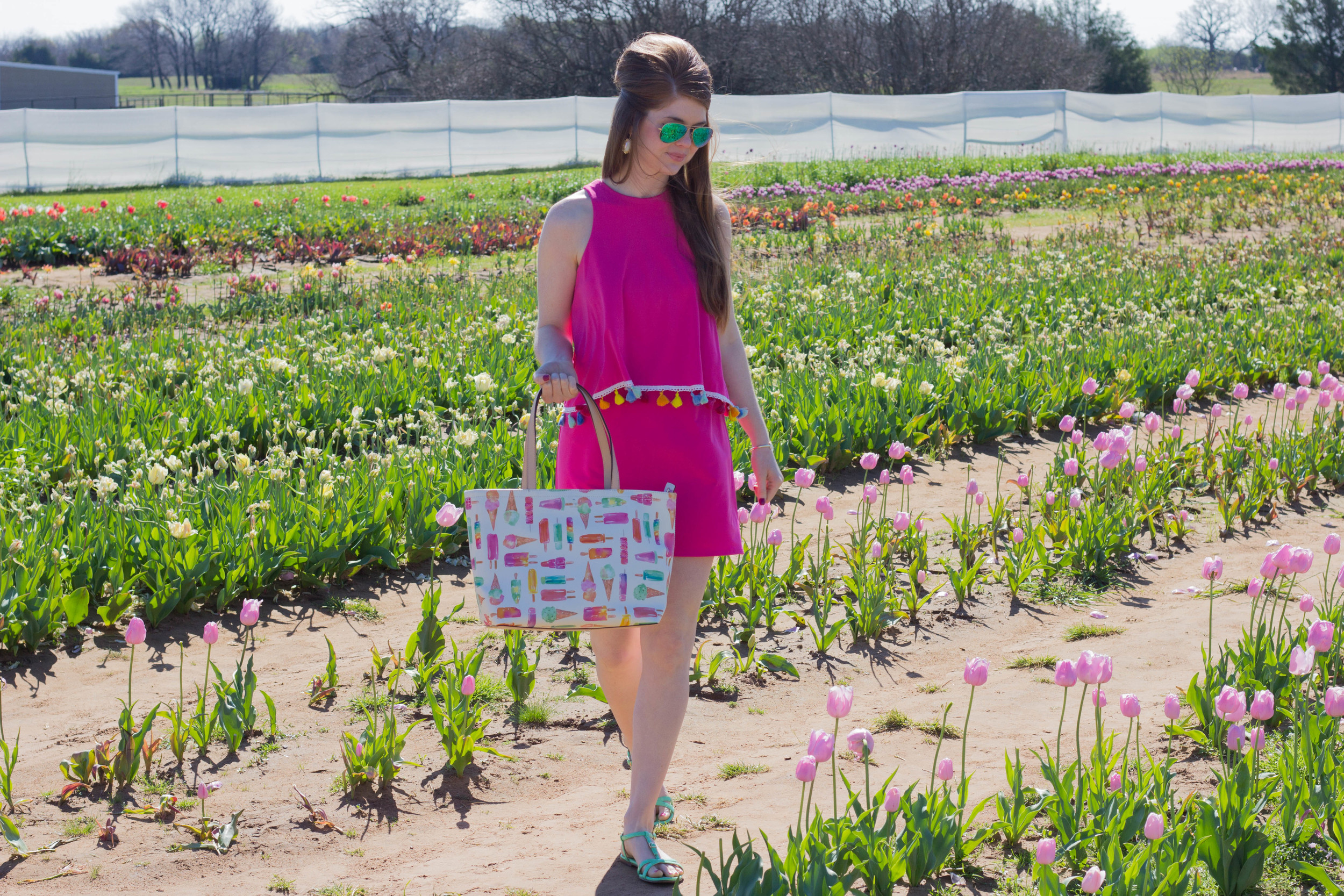 texas tulips pilot point, easter sunday style,  judith march miles from nowhere dress, tassels, trends, kendra scott earrings, j crew sandals