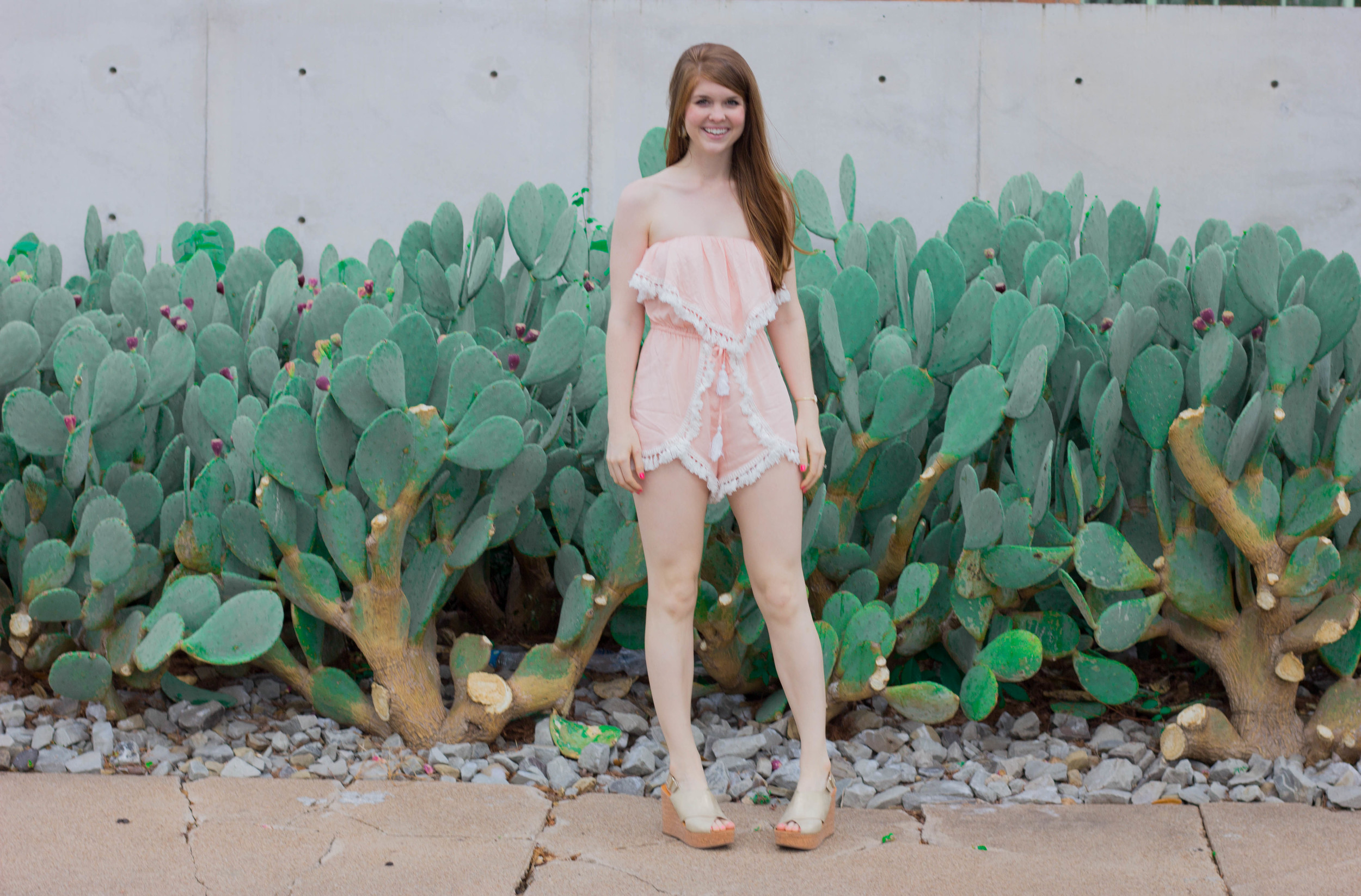latiste by amy, light pink romper with white tassels, cactus, bc cougar wedge, gold sandal