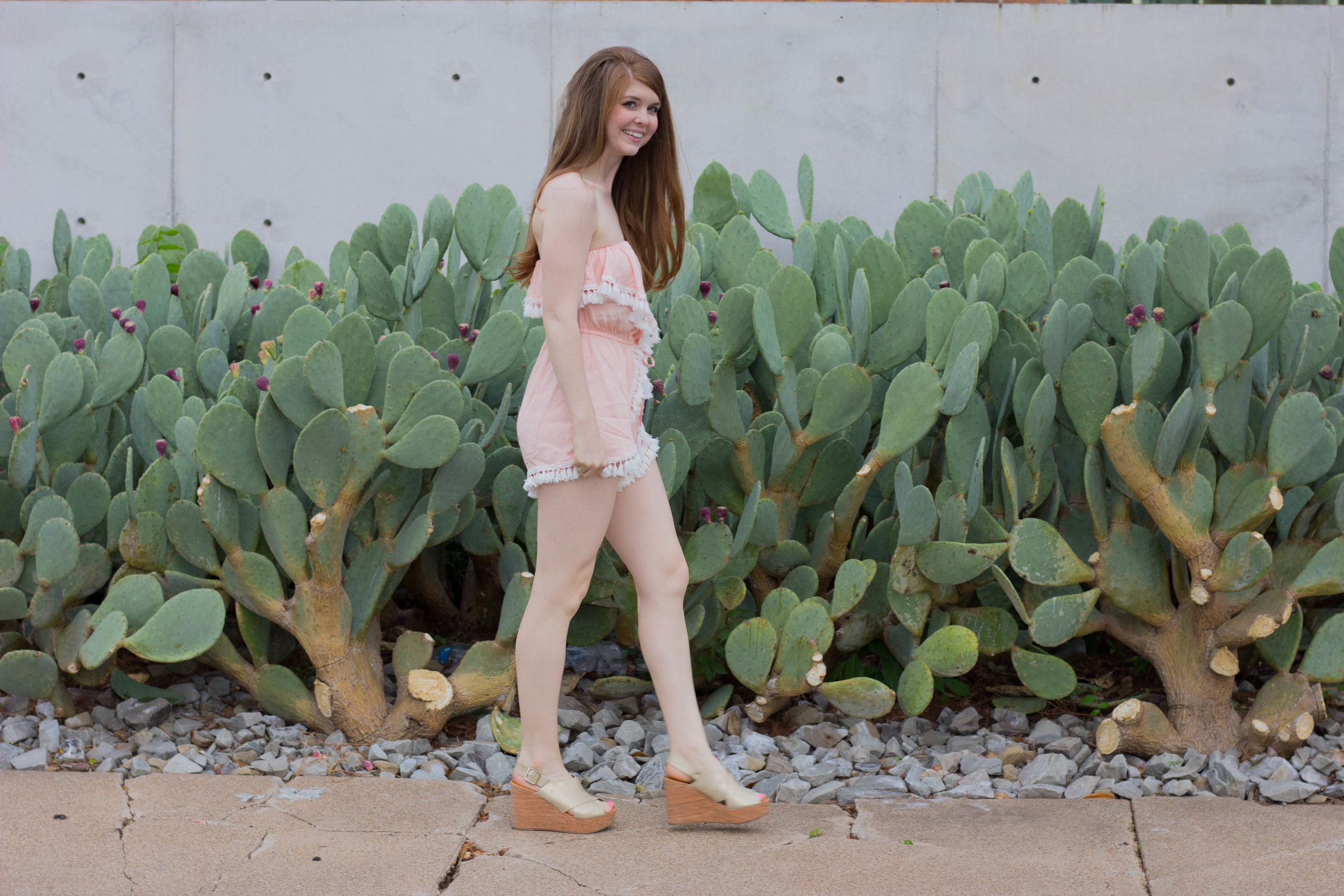 latiste by amy, light pink romper with white tassels, cactus, bc cougar wedge, gold sandal