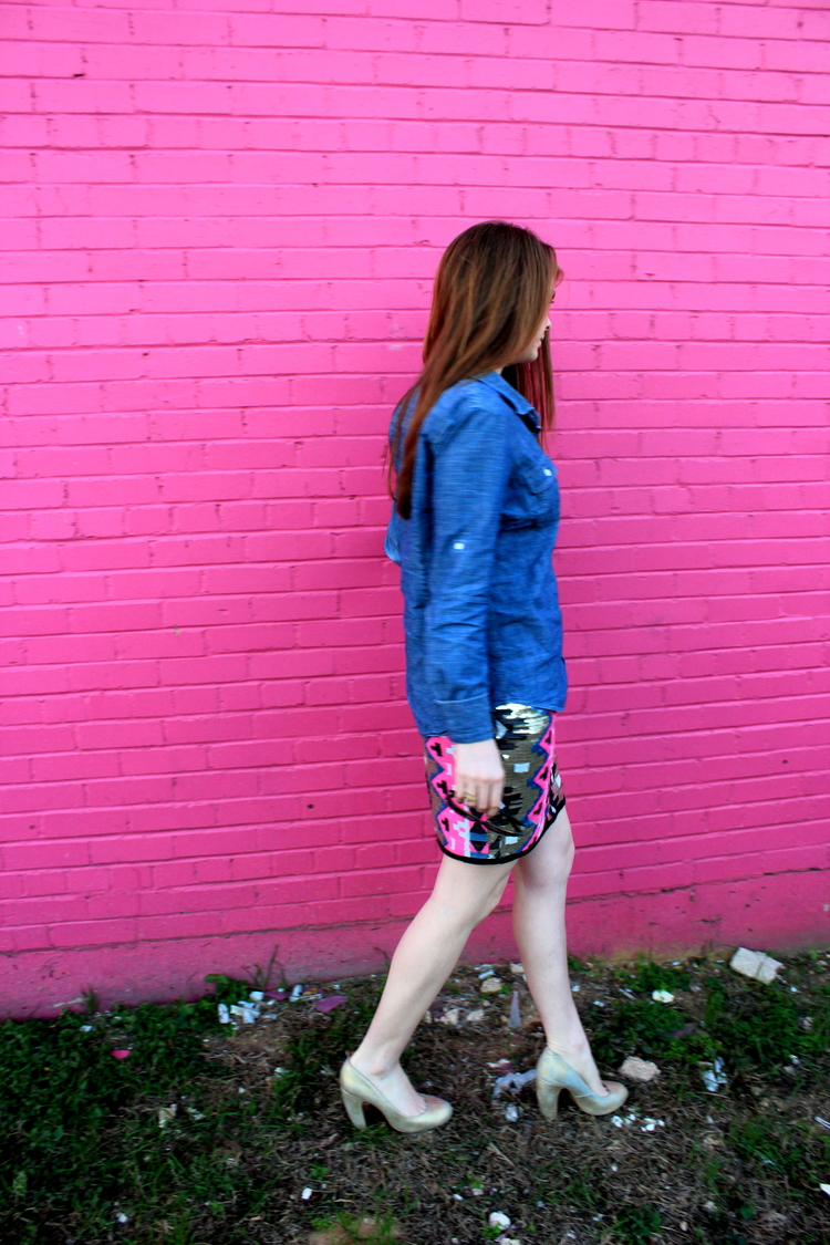 Pine boutique, college station, sequin mini skirt, peplum top, pink wall