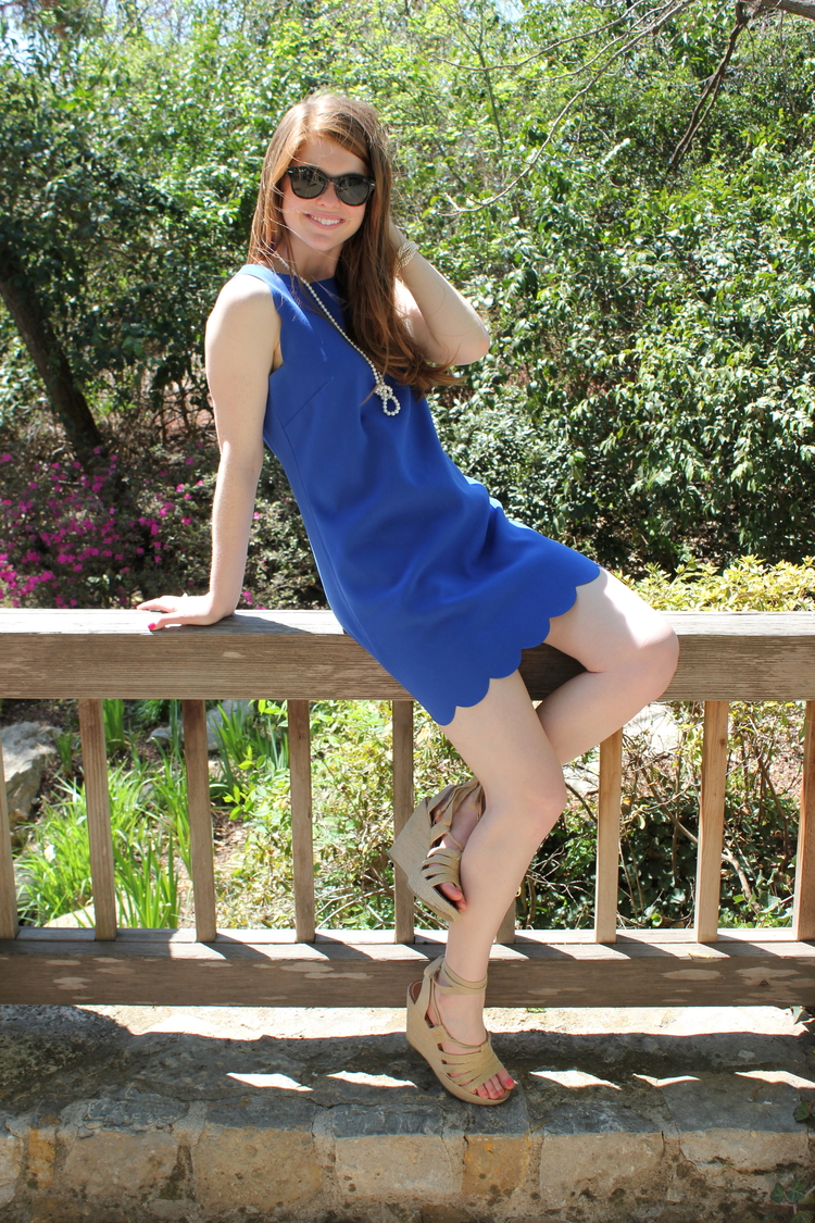 J crew Royal blue scallop dress, pearls, Dallas arboretum, spring style
