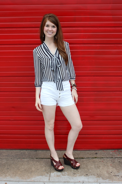 steve madden brown leather wedge sandals, striped bow top, white high waisted shorts
