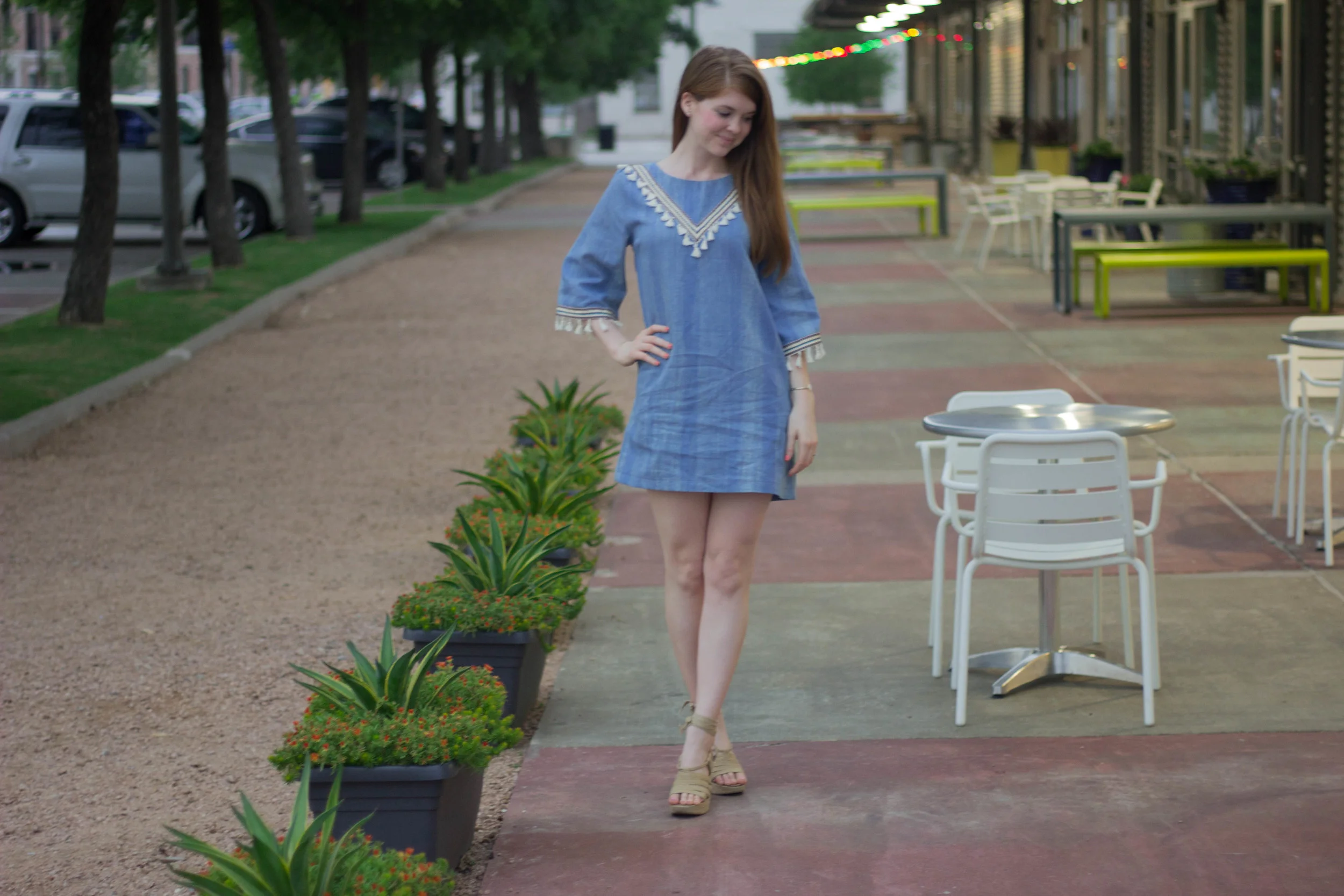 hayden los angeles chambray tassel dress, back east boutique, steve madden espadrilles, tassels
