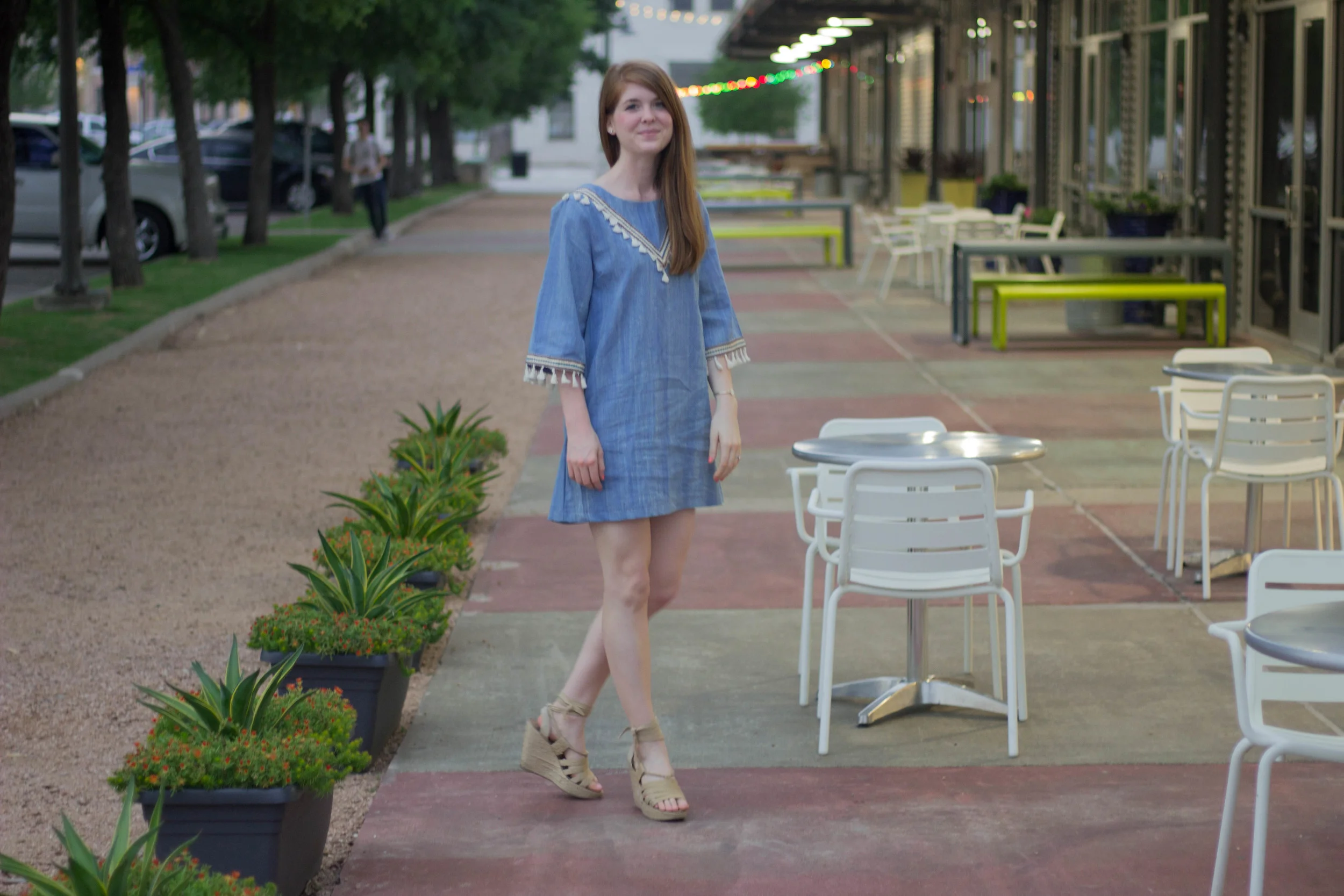 hayden los angeles chambray tassel dress, back east boutique, steve madden espadrilles, tassels