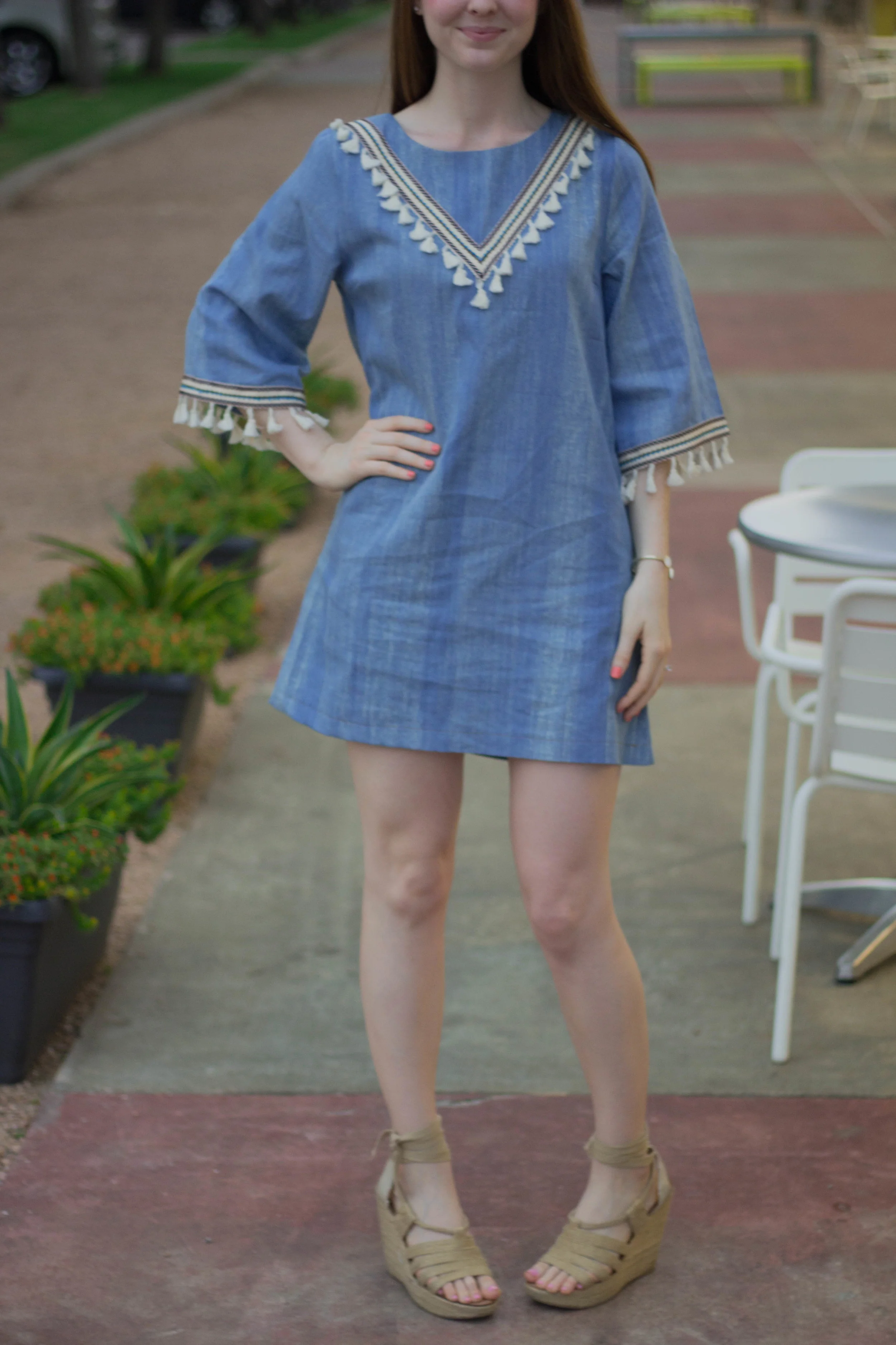 hayden los angeles chambray tassel dress, back east boutique, steve madden espadrilles, tassels