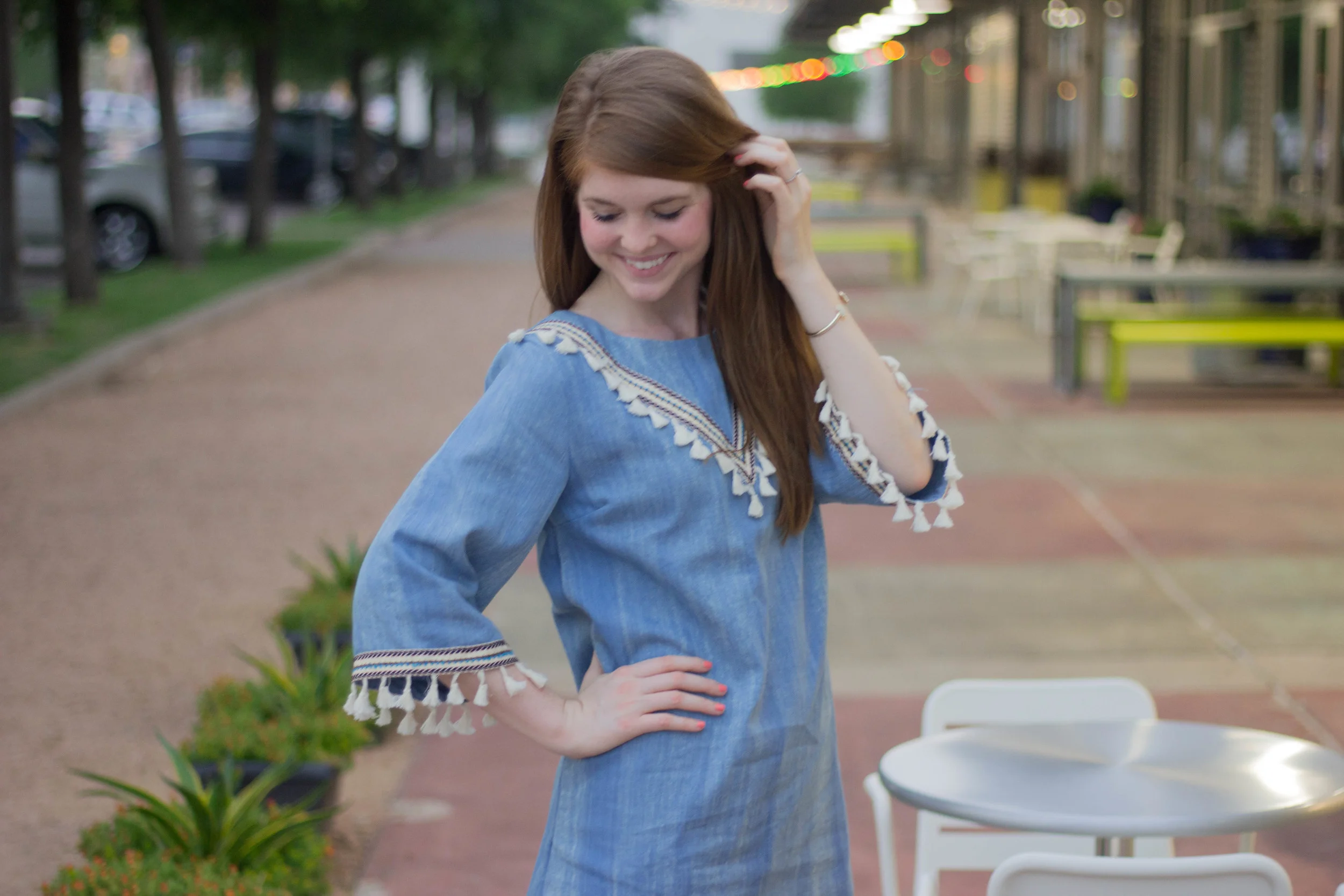 hayden los angeles chambray tassel dress, back east boutique, steve madden espadrilles, tassels