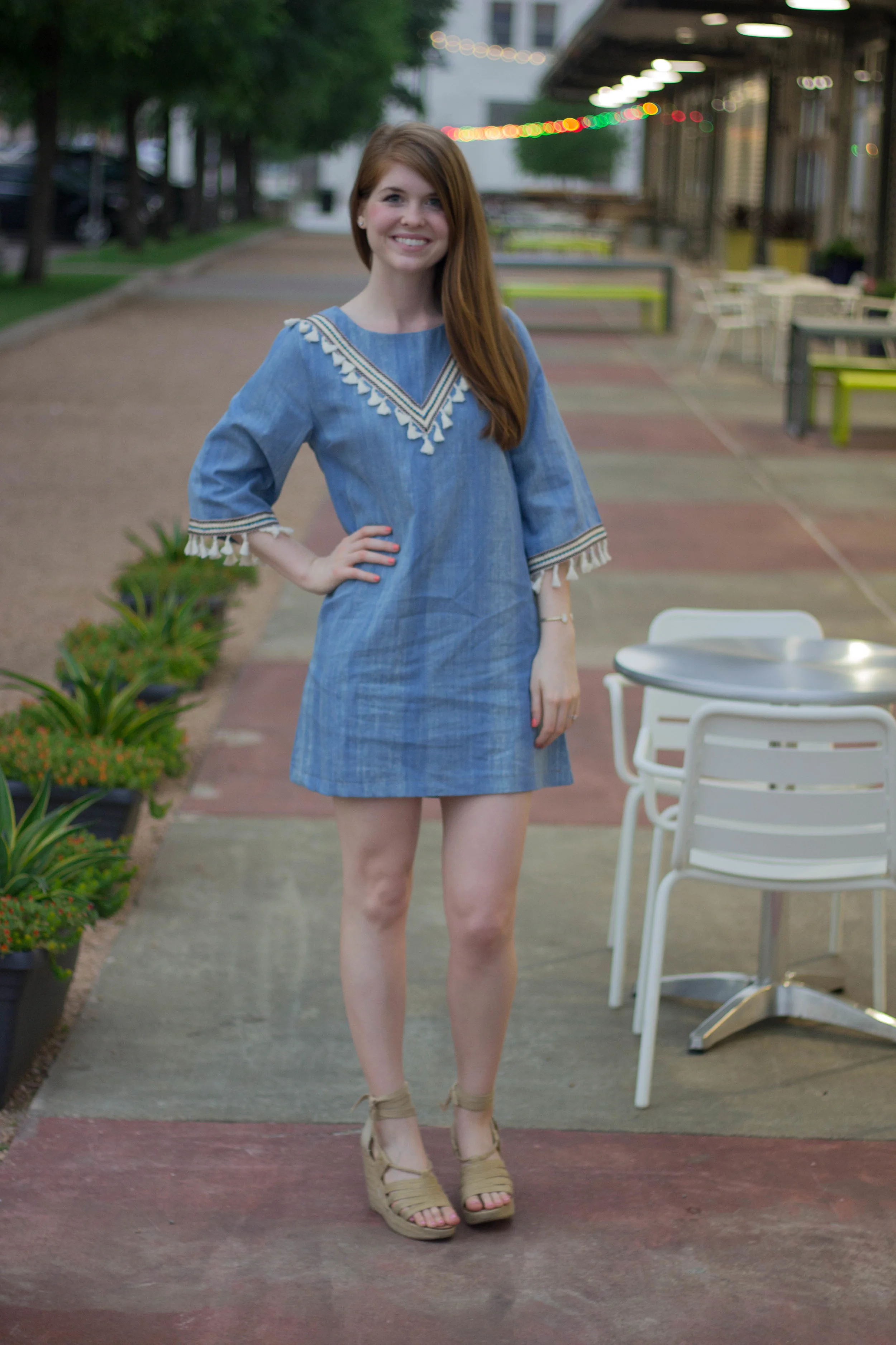 hayden los angeles chambray tassel dress, back east boutique, steve madden espadrilles, tassels