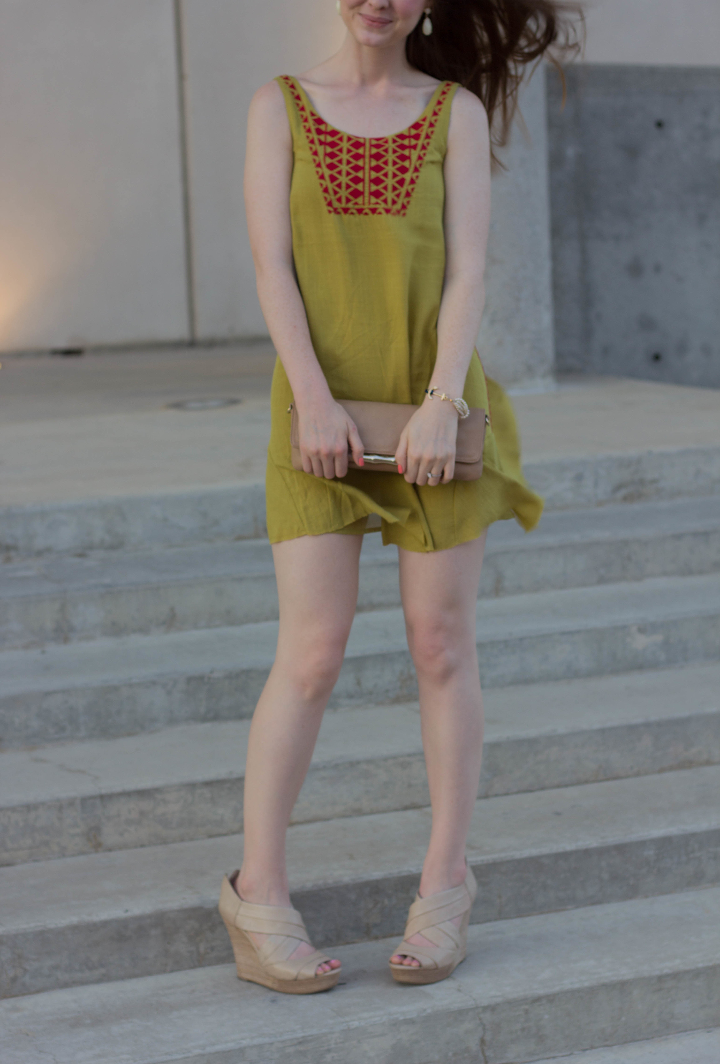 thml embroidered dress, embroidery, chartreuse, seychelles nued wedges, elaine turner clutch, kendra scott earrings