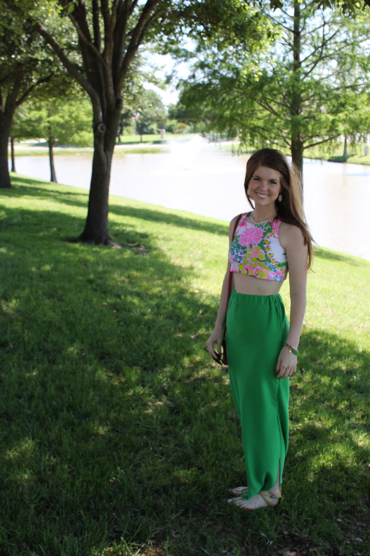 Lilly Pulitzer Crop top, green maxi skirt, dallas byron nelson, dallas fashion, style, golf