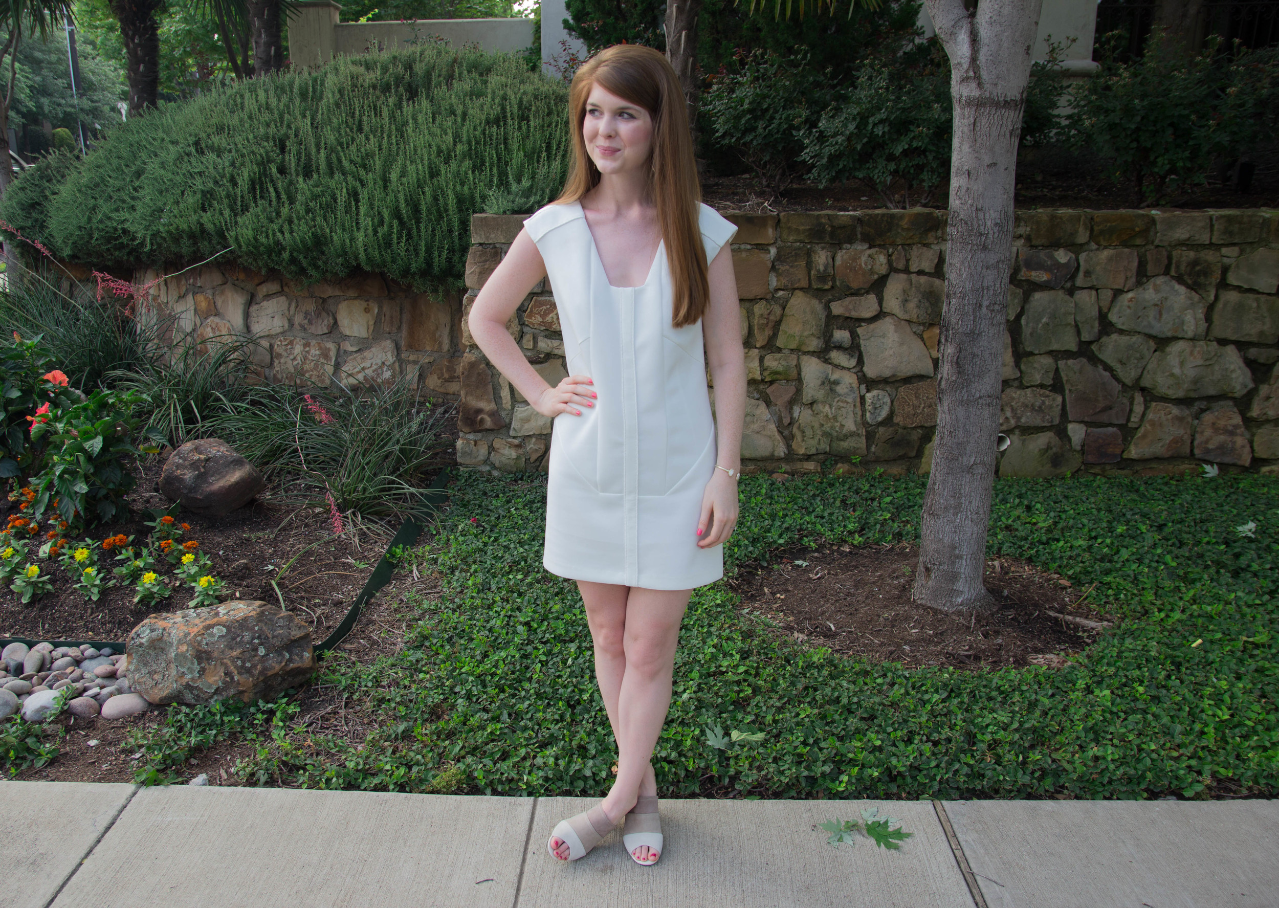 cultro dumbo white dress, scuba dress, how to wear white when you're pale, hush puppies suede slides