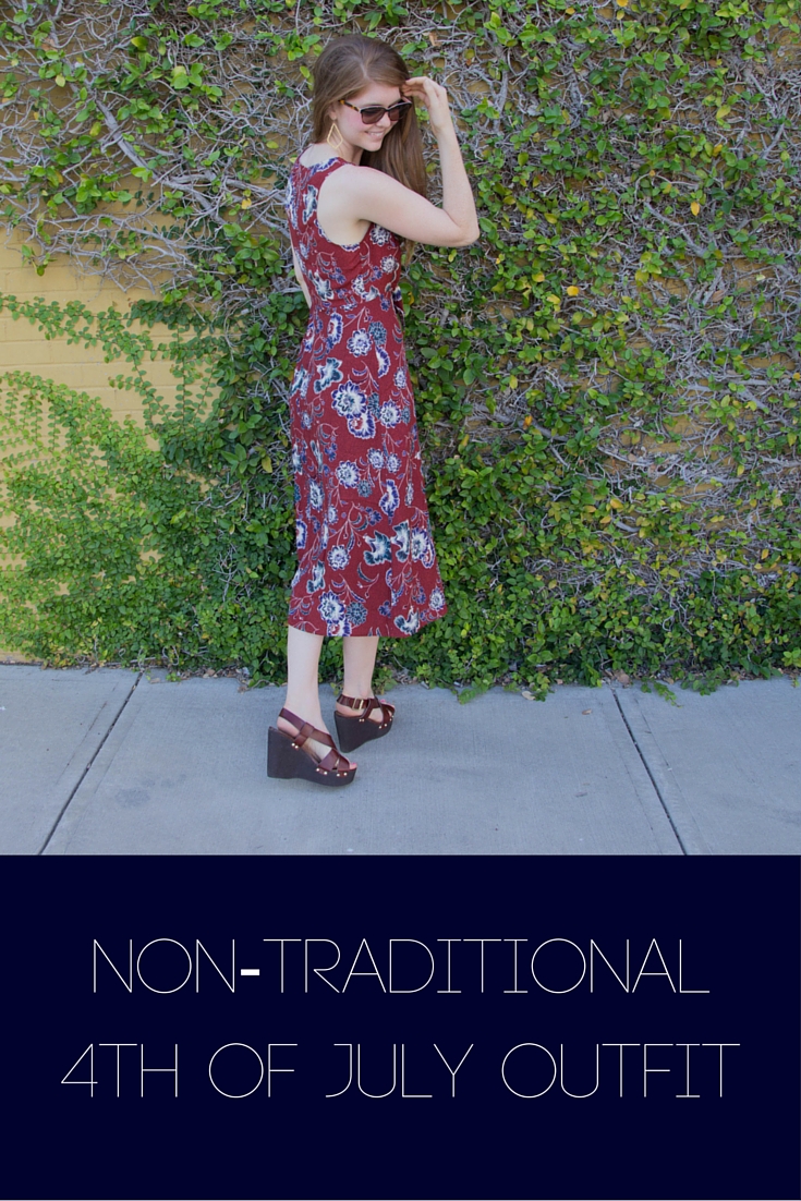 non-traditional 4th of july outfit, astr floral midi cut out dress, nordstrom, steve madden wedge sandals, ralph lauren sunglasses, kendra scott sophee earrings
