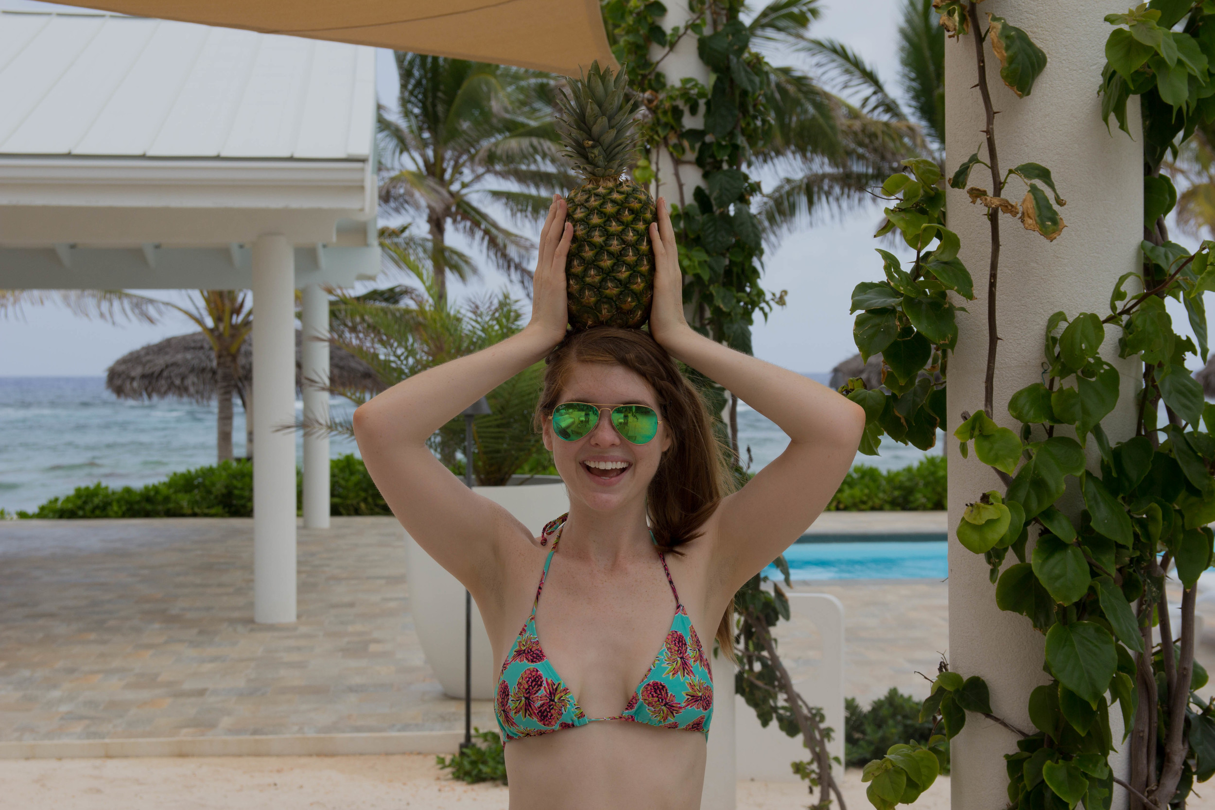 le soleil d'or, cayman brac, grand cayman islands, caribbean islands, vacation, farm, fresh, organic, mimosas, beach, bcbg panama hat, all for color pineapple bikini, rayban mirrored aviators