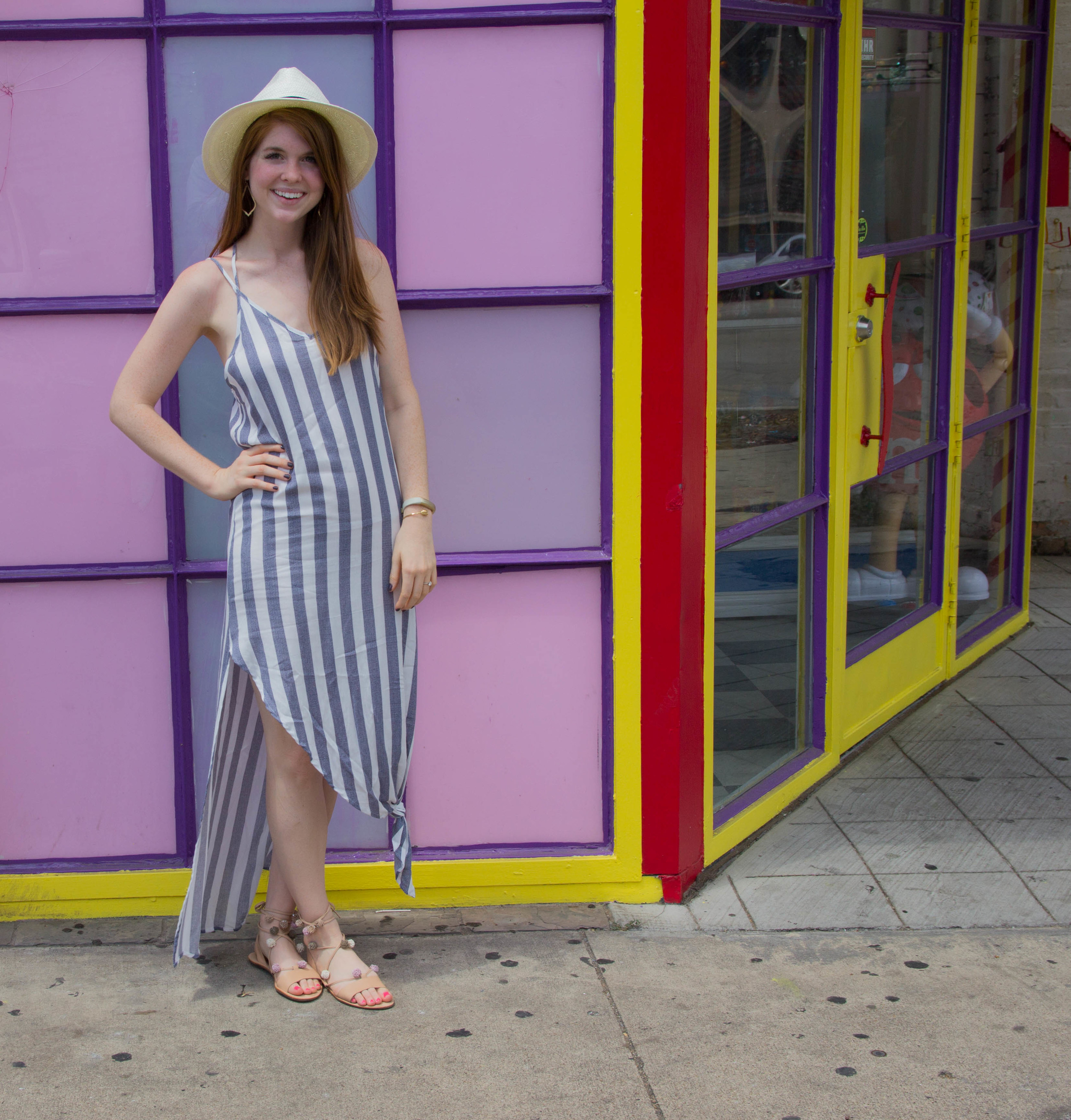 nordstrom bottom knot stripe maxi dress, asos white straw panama hat, kendra scott sophee earrings, loeffler randall lace up pom pom sandals, essie smokin hot, gold arrow cuff, how to tie a knot in clothing, knotted tank, knotted dress