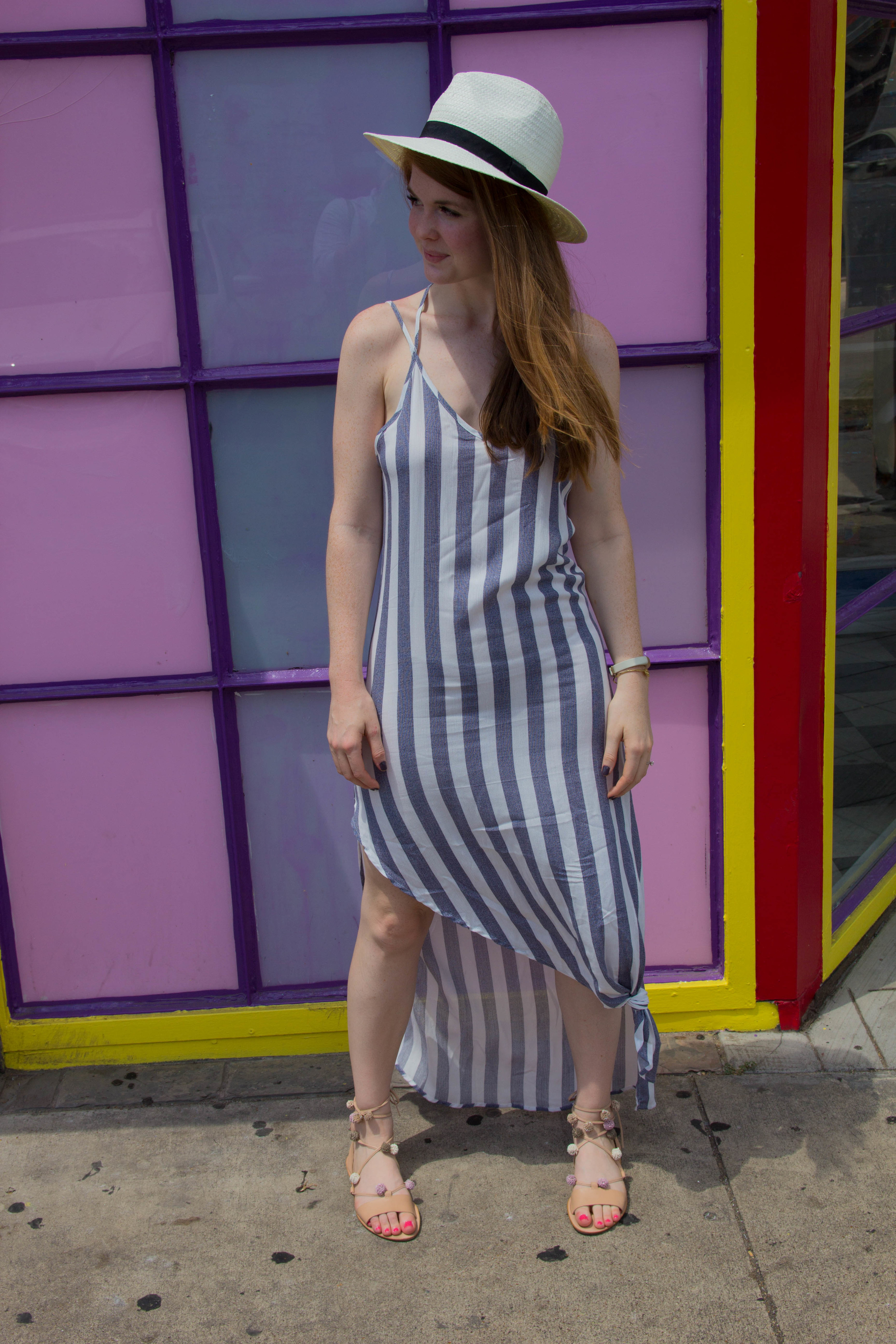 nordstrom bottom knot stripe maxi dress, asos white straw panama hat, kendra scott sophee earrings, loeffler randall lace up pom pom sandals, essie smokin hot, gold arrow cuff, how to tie a knot in clothing, knotted tank, knotted dress