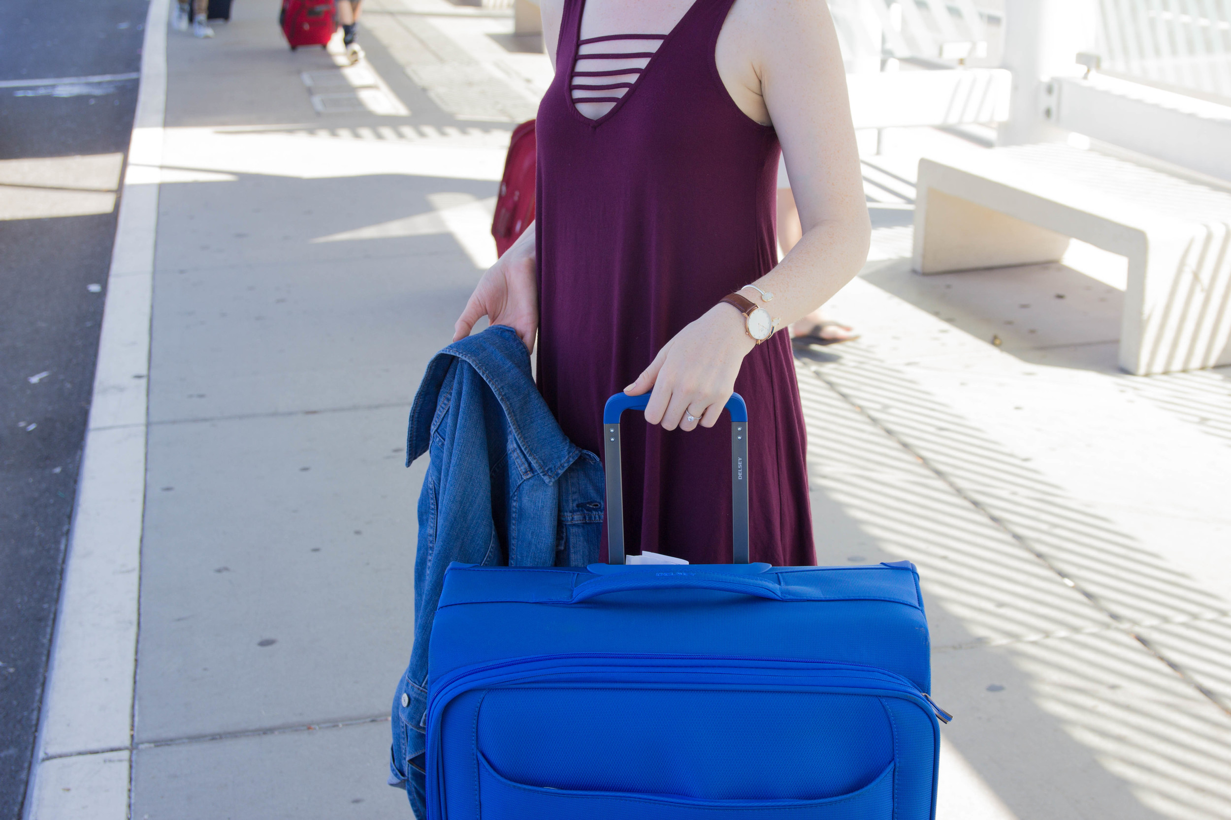 Delsey Chatillon Luggage, What is the best luggage to use for travel, nordstrom strappy tank dress, levi's denim jacket, kendra scott elton cuff, sophee earrings, daniel wellington watch, san francisco, california, packing hacks