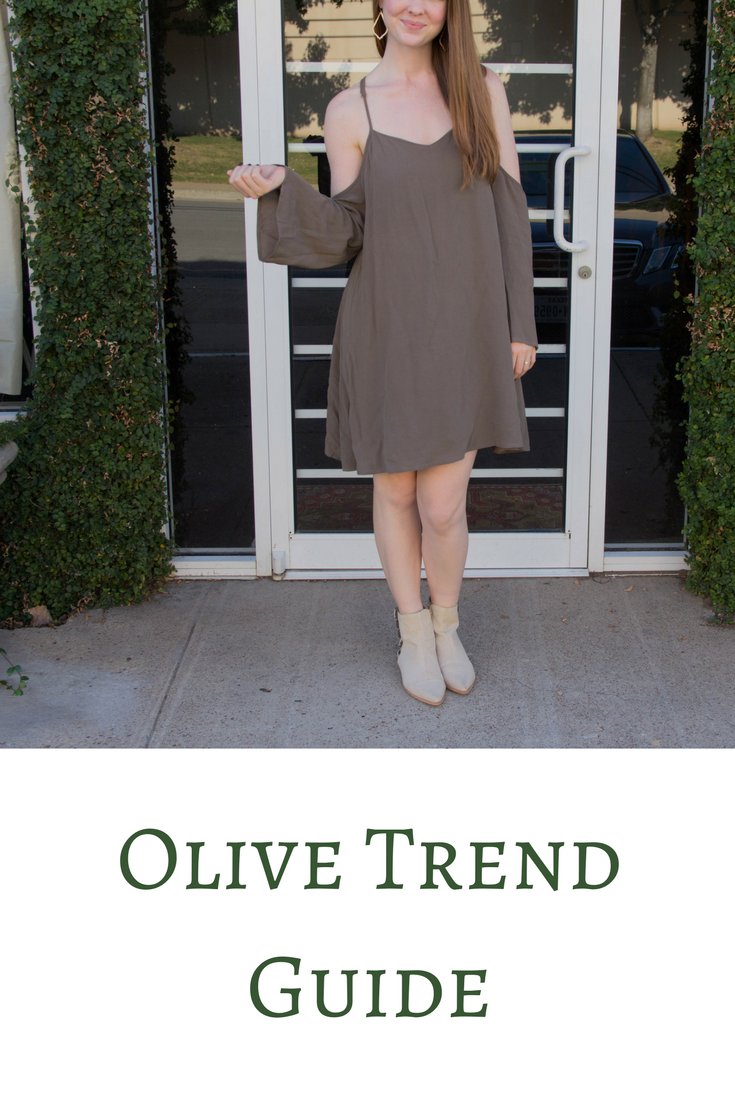 olive cold shoulder dress, matisse booties, kendra scott sophee earrings, olive edit, olive trend guide, olive sweater, olive pants, olive bag, olive utility jacket