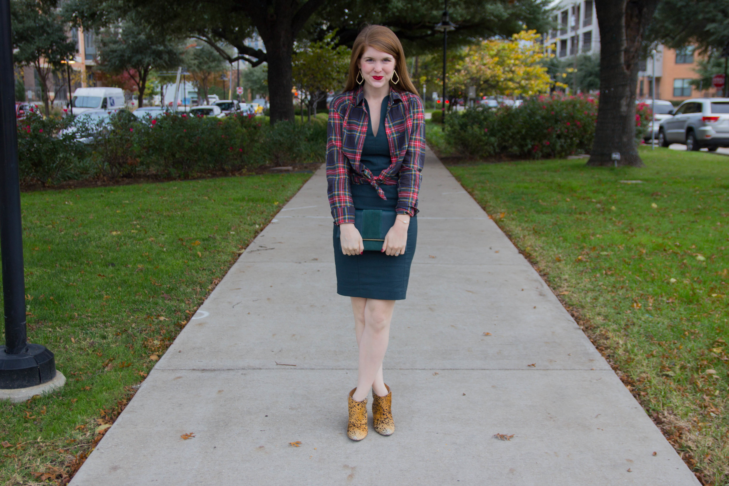 the art of versatility, work dress 3 ways styled for the holidays, french connection lolo dress, pantone greenery, j crew plaid shirt, matisse nugent booties, kendra scott sophee earrings, tory burch holiday shoes, the perfect plaid scarf, versatile…