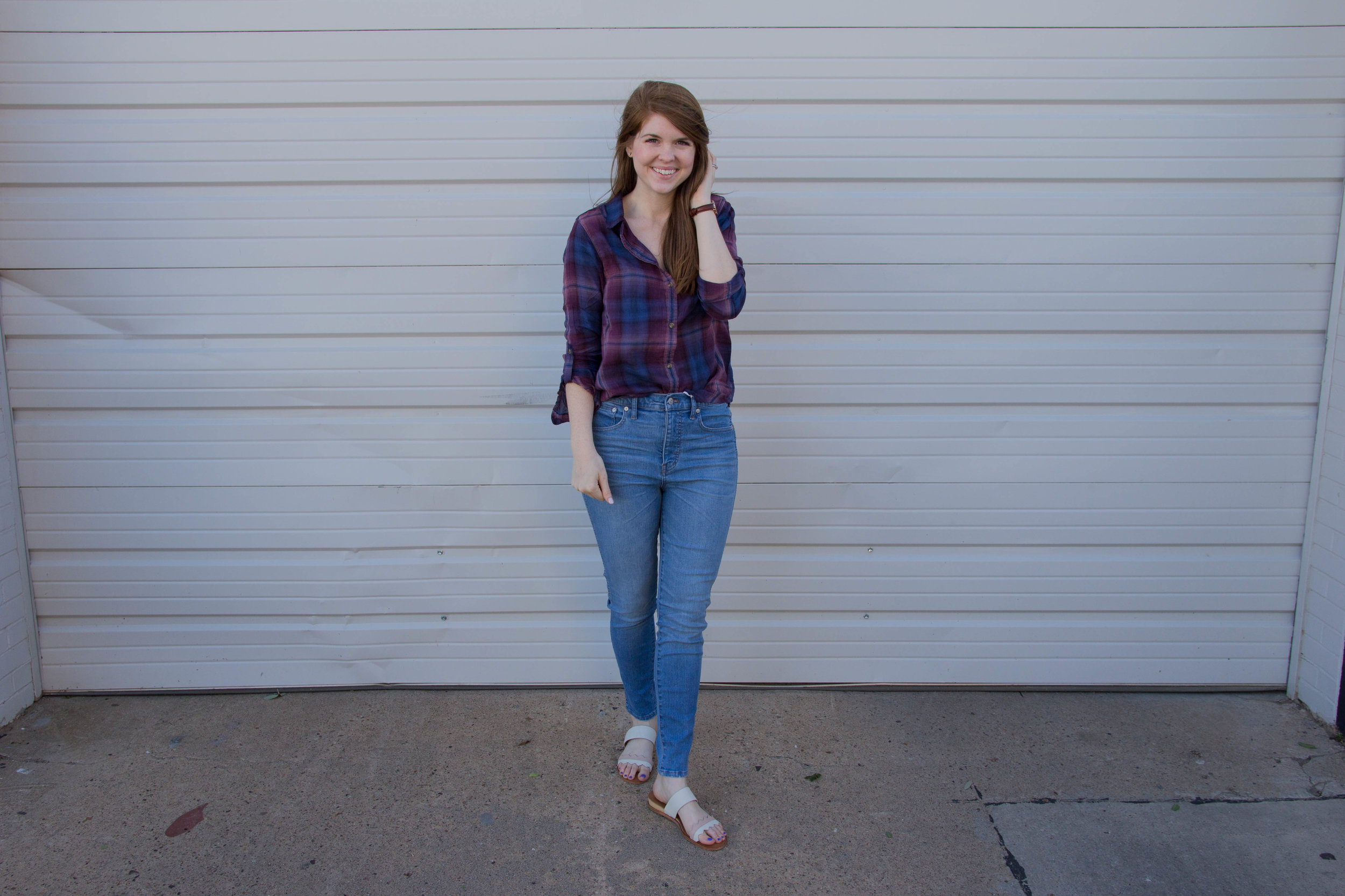 madewell hank wash 10" jeans, daniel wellington leather classic petite watch, dolce vita pacer slides, american eagle plaid top, light jeans, denim jackets, and other things I thought I'd never wear again