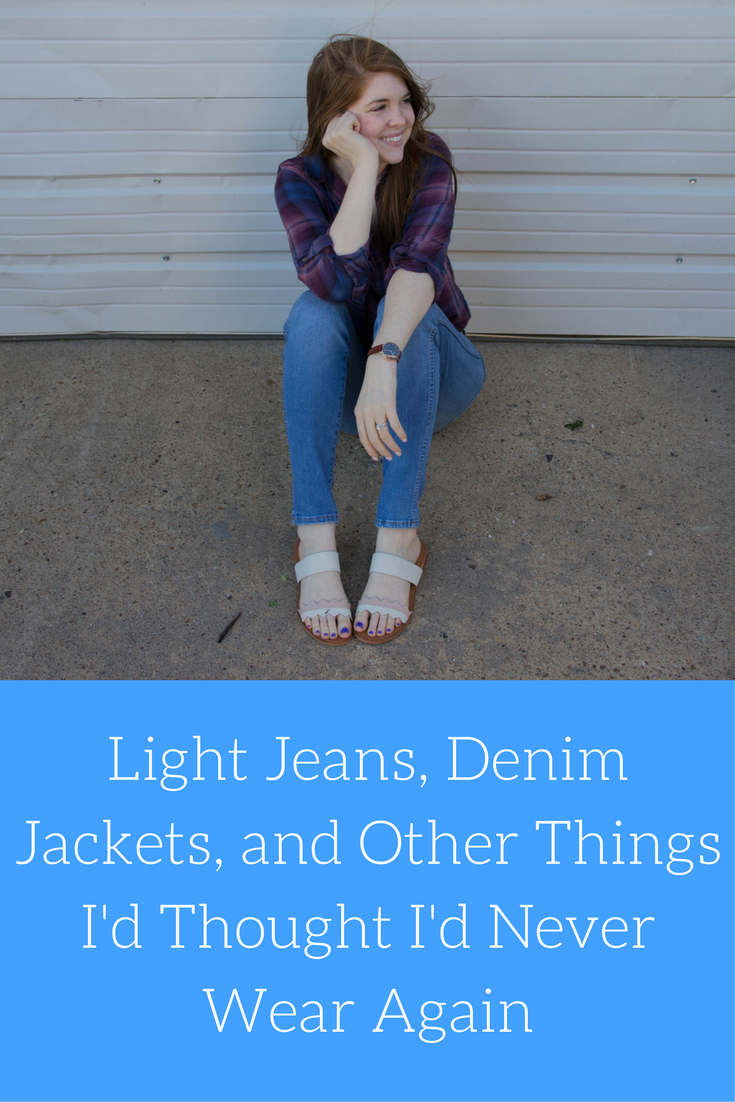 madewell hank wash 10" jeans, daniel wellington leather classic petite watch, dolce vita pacer slides, american eagle plaid top, light jeans, denim jackets, and other things I thought I'd never wear again