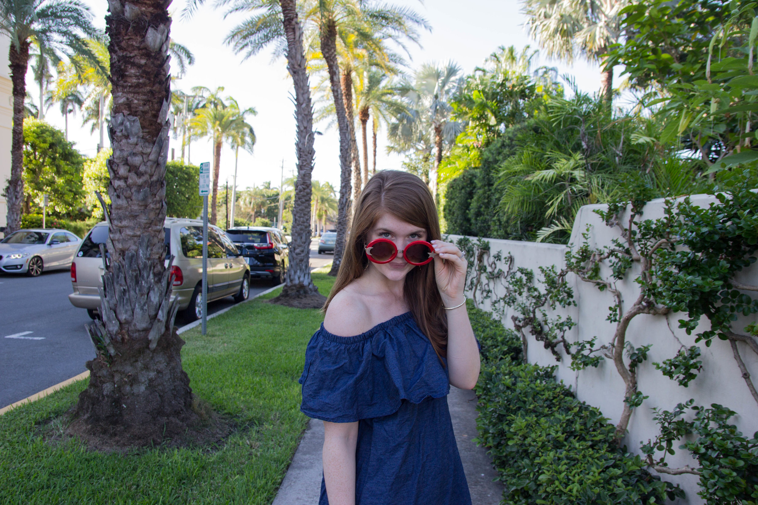 my favorite summer beauty product, amazing lash garland, palm beach, eyelash extensions, sun and moon sunglasses, off the shoulder denim dress, marc fisher annie wedges