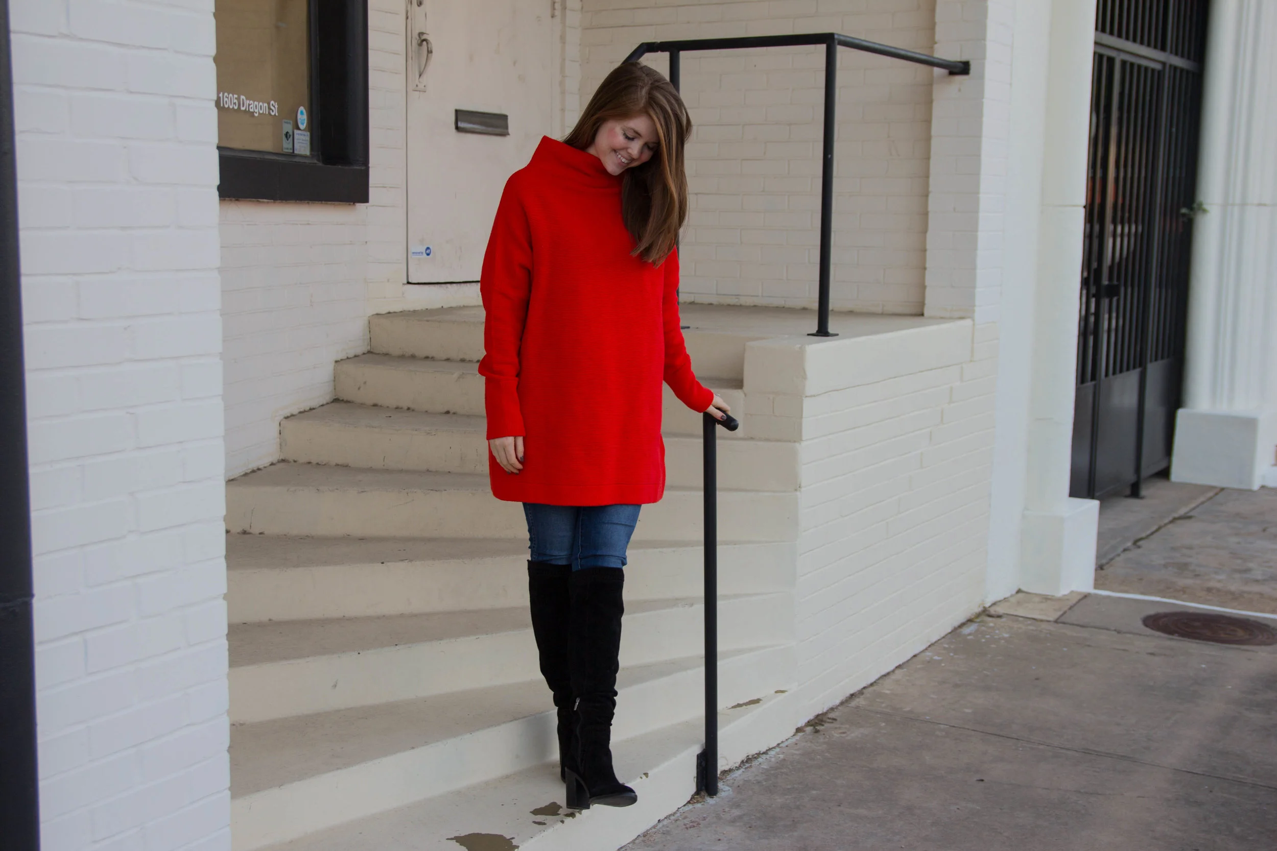 free people ottoman slouchy tunic, madewell 10" danny wash jeans, vince camuto madolee over the knee boots, pops of red, fall trends