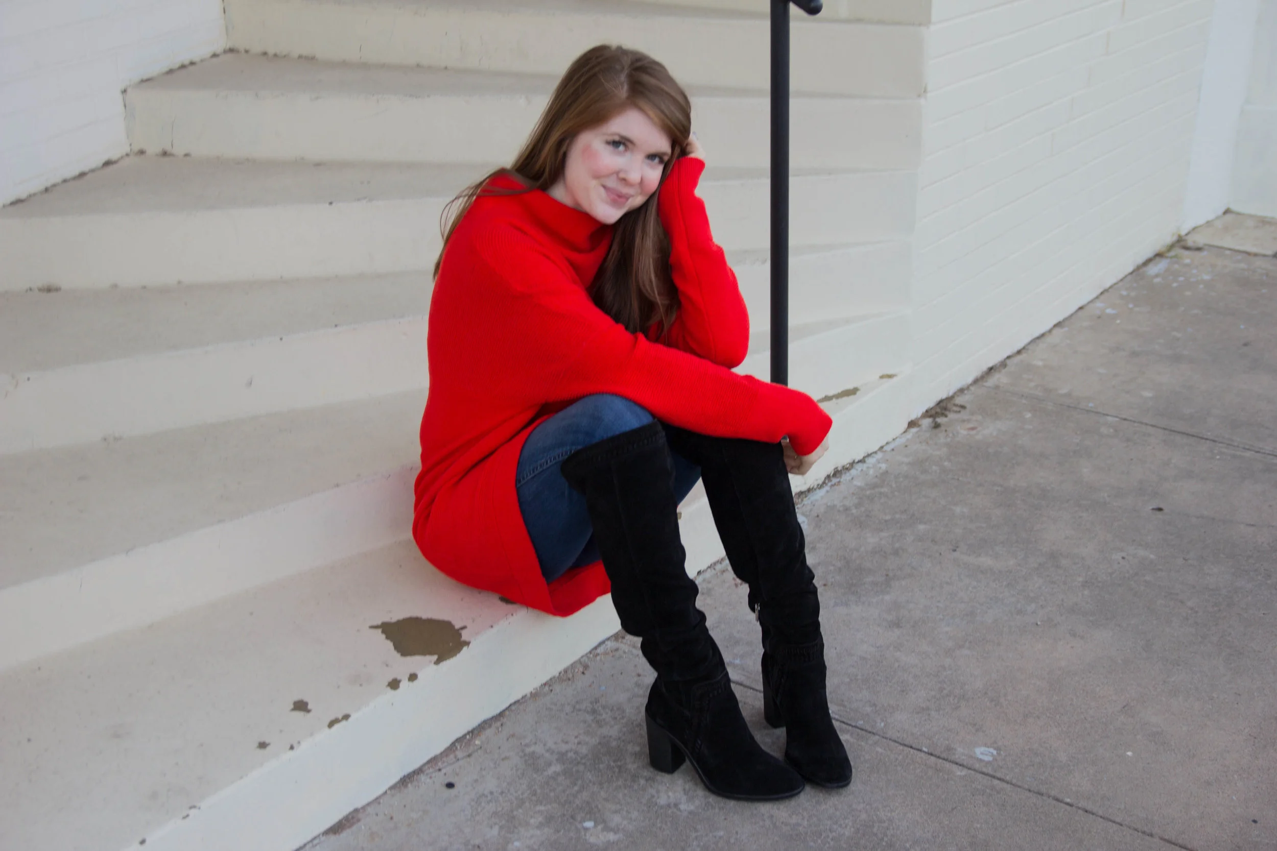 free people ottoman slouchy tunic, madewell 10" danny wash jeans, vince camuto madolee over the knee boots, pops of red, fall trends