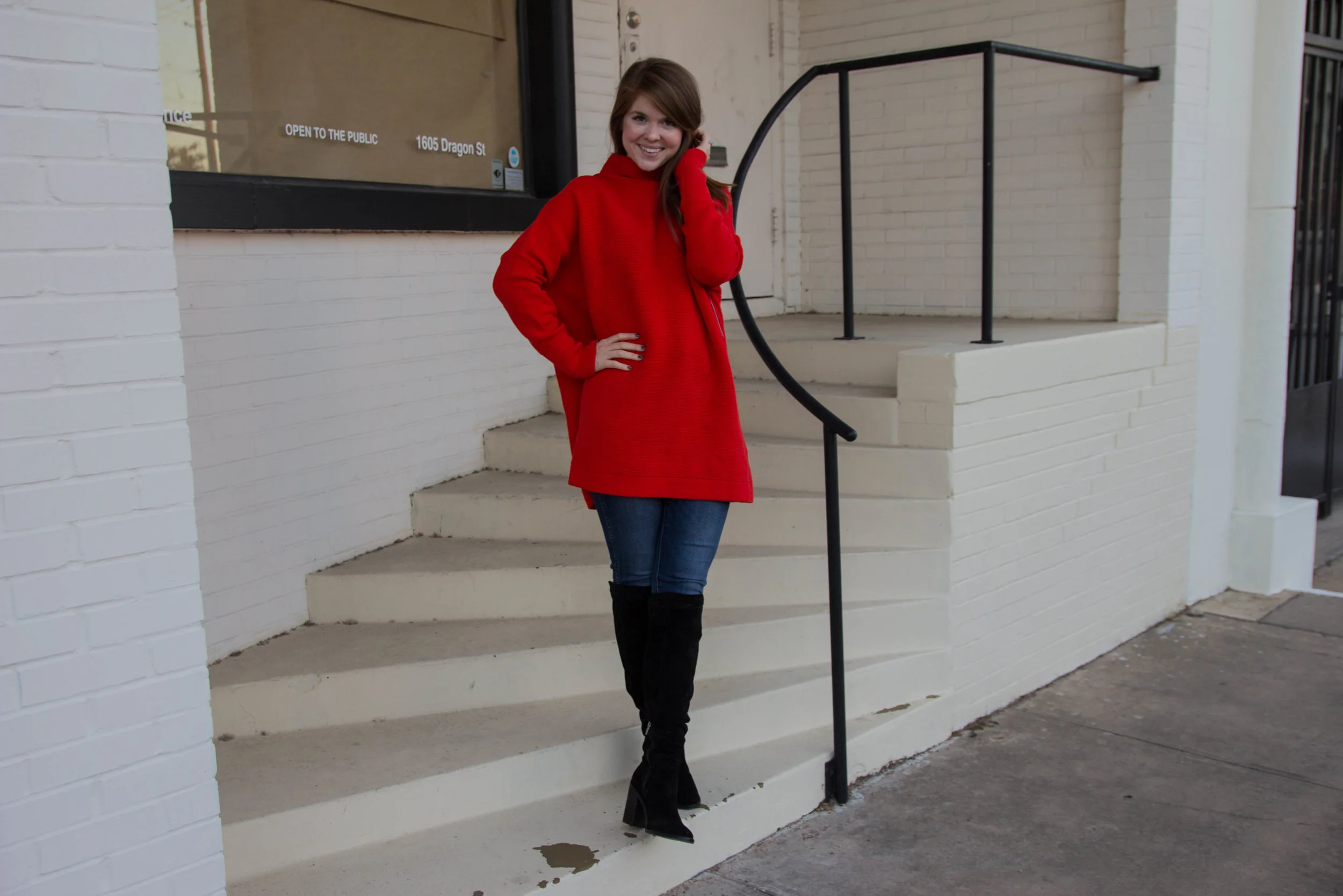 free people ottoman slouchy tunic, madewell 10" danny wash jeans, vince camuto madolee over the knee boots, pops of red, fall trends