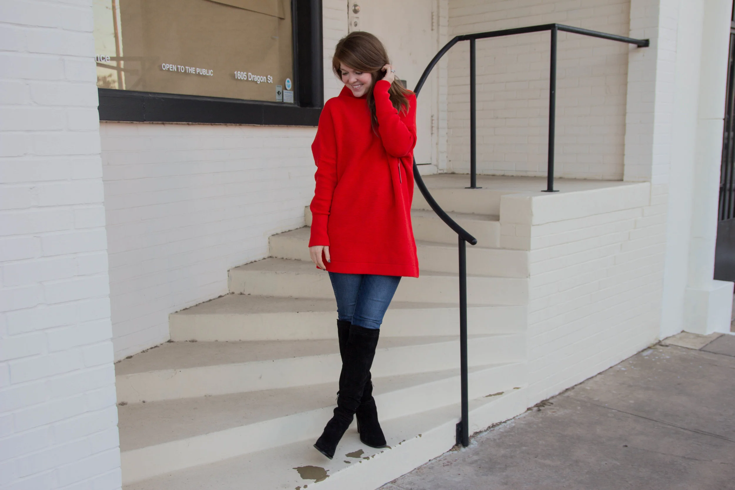 free people ottoman slouchy tunic, madewell 10" danny wash jeans, vince camuto madolee over the knee boots, pops of red, fall trends