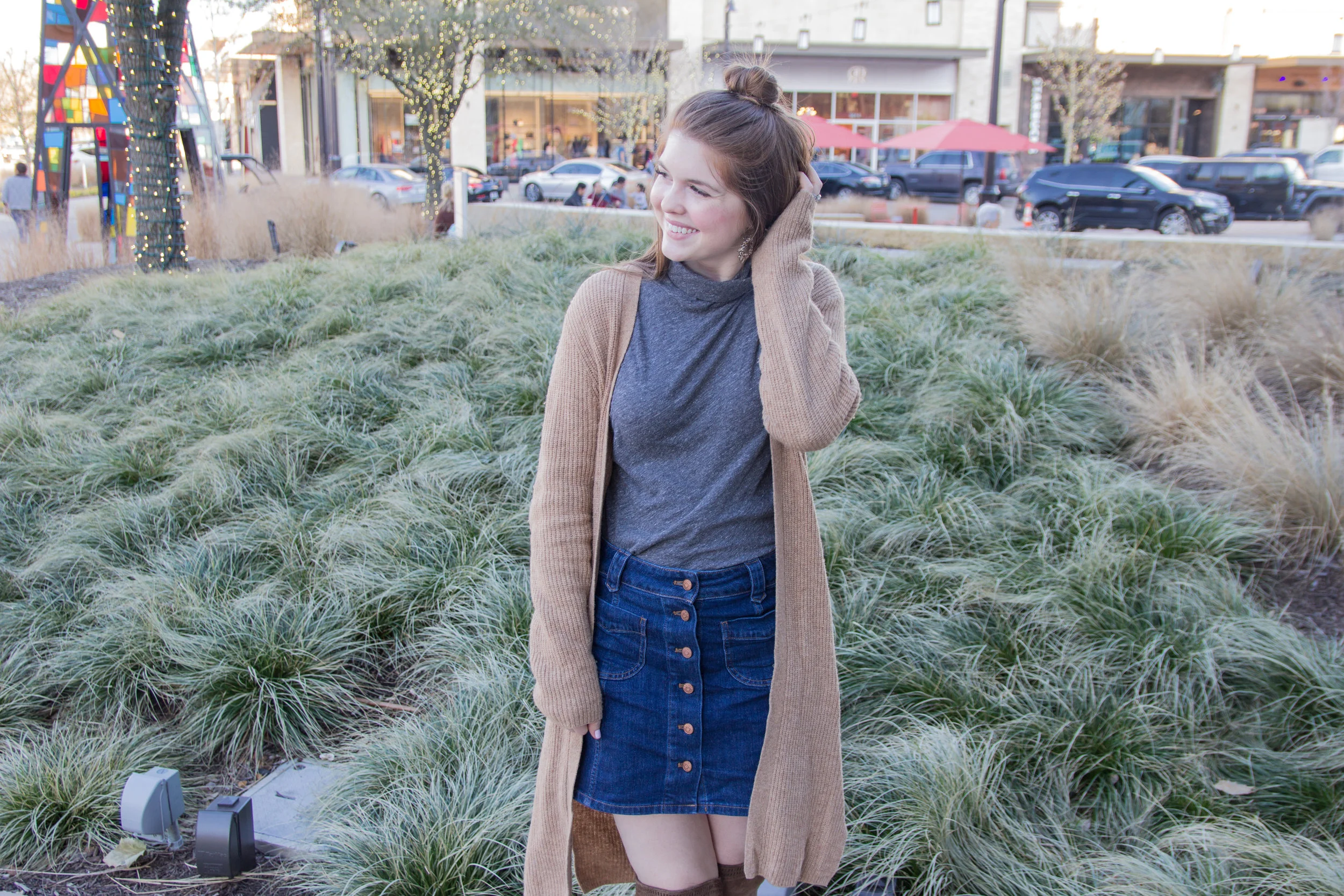 Transitioning Your Denim Skirt Through Fall with a Duster Cardigan