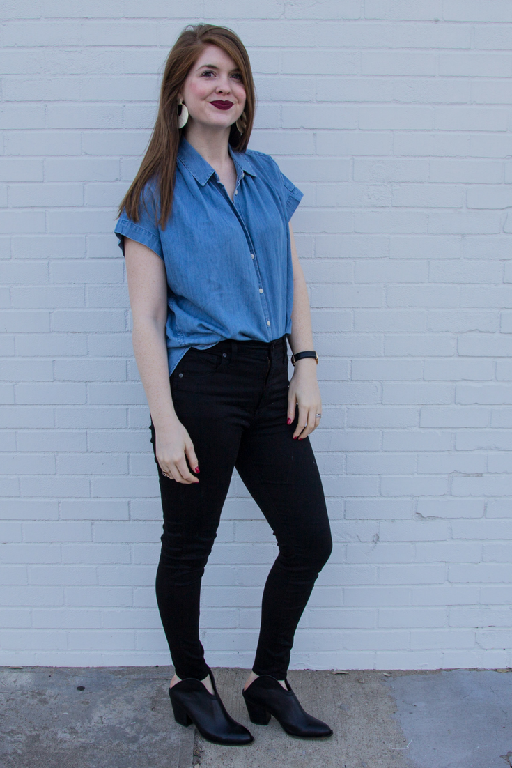 black jeans with blue shirt
