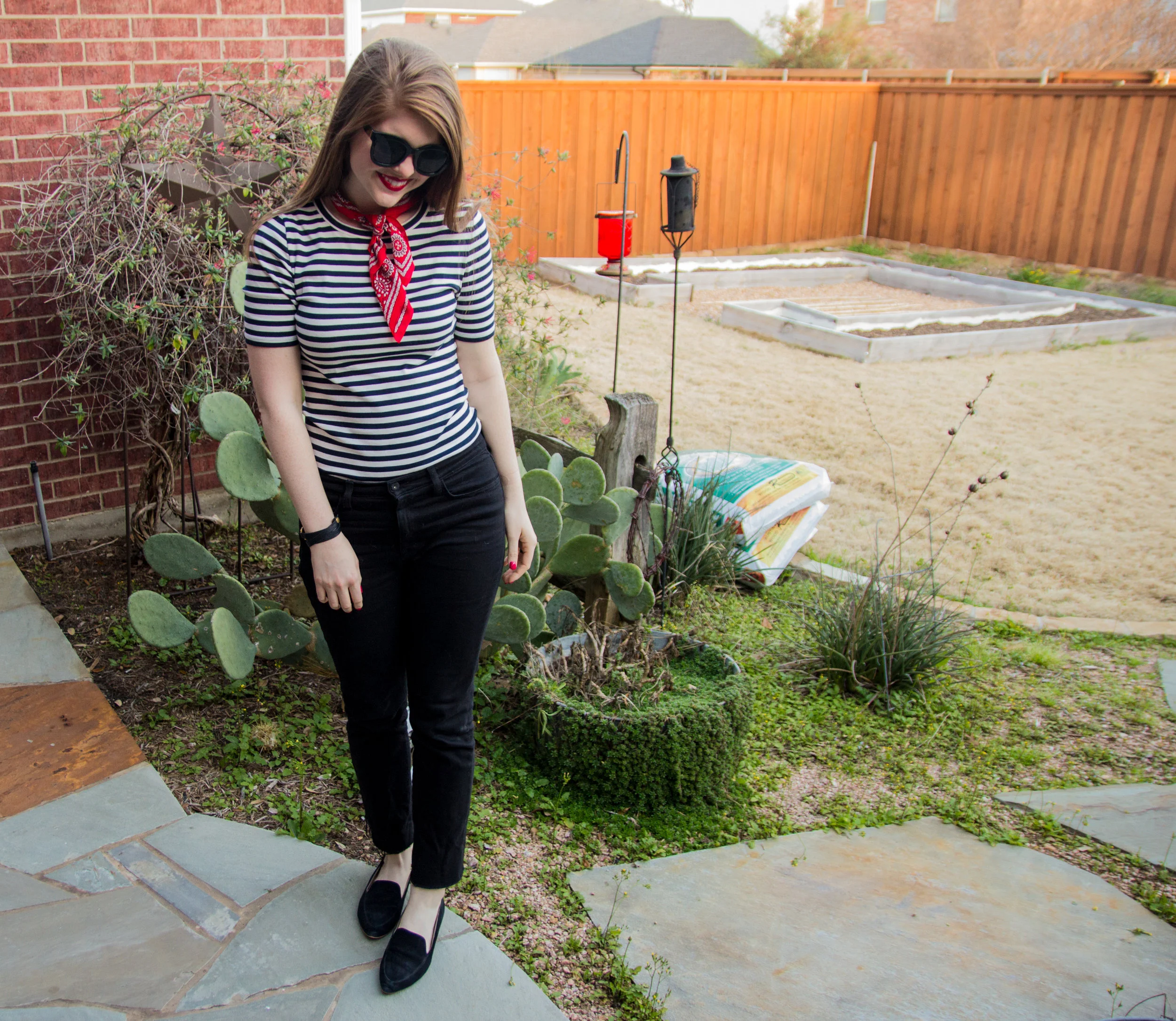stripes, j crew perfect fit t-shirt, baldwin kick flare jeans, american eagle purrrty sunglasses, madewell silk bandana, nyx lipstick electra, black loafers, now trending: stripes, black, white and red outfit idea