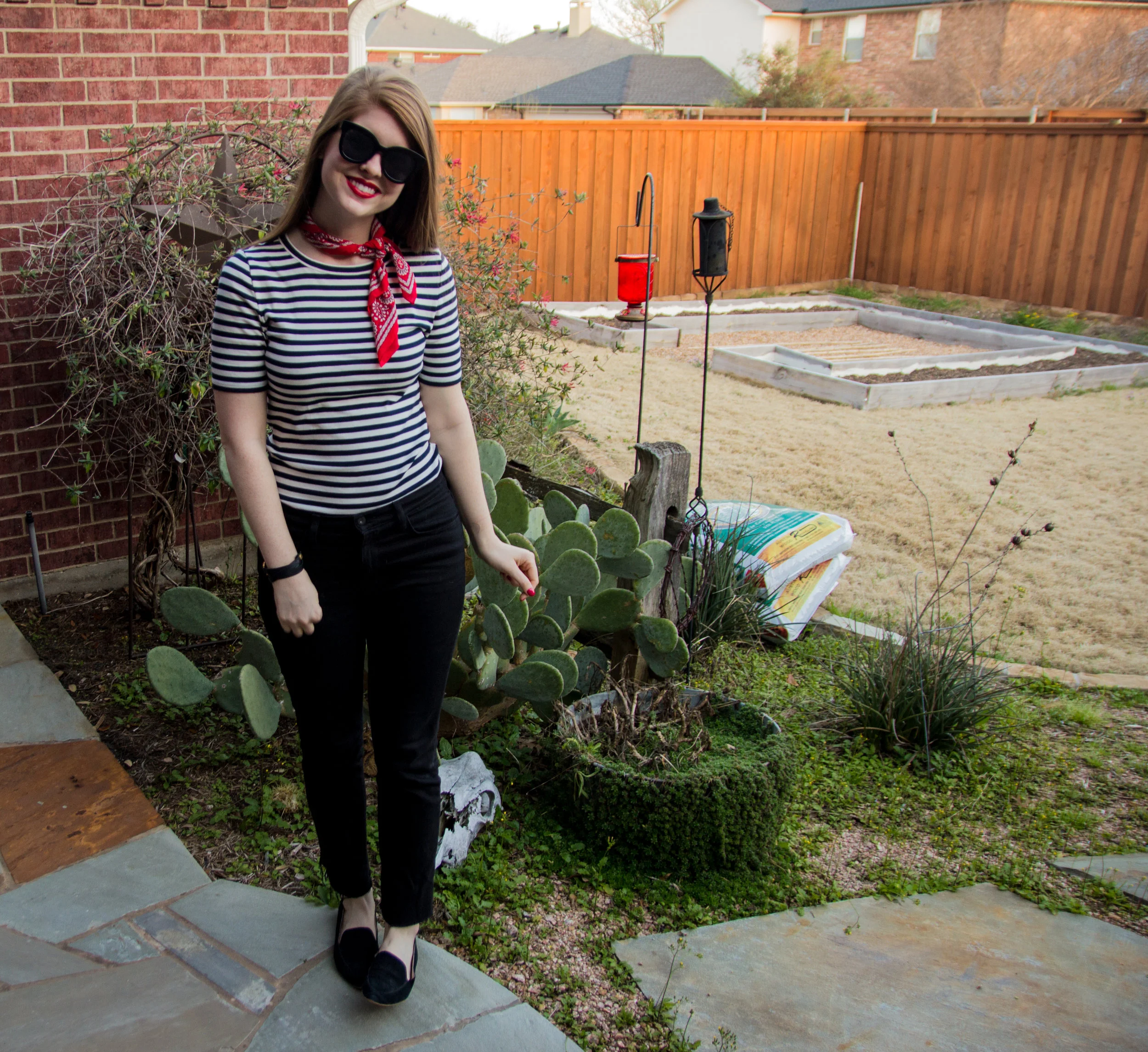 stripes, j crew perfect fit t-shirt, baldwin kick flare jeans, american eagle purrrty sunglasses, madewell silk bandana, nyx lipstick electra, black loafers, now trending: stripes, black, white and red outfit idea