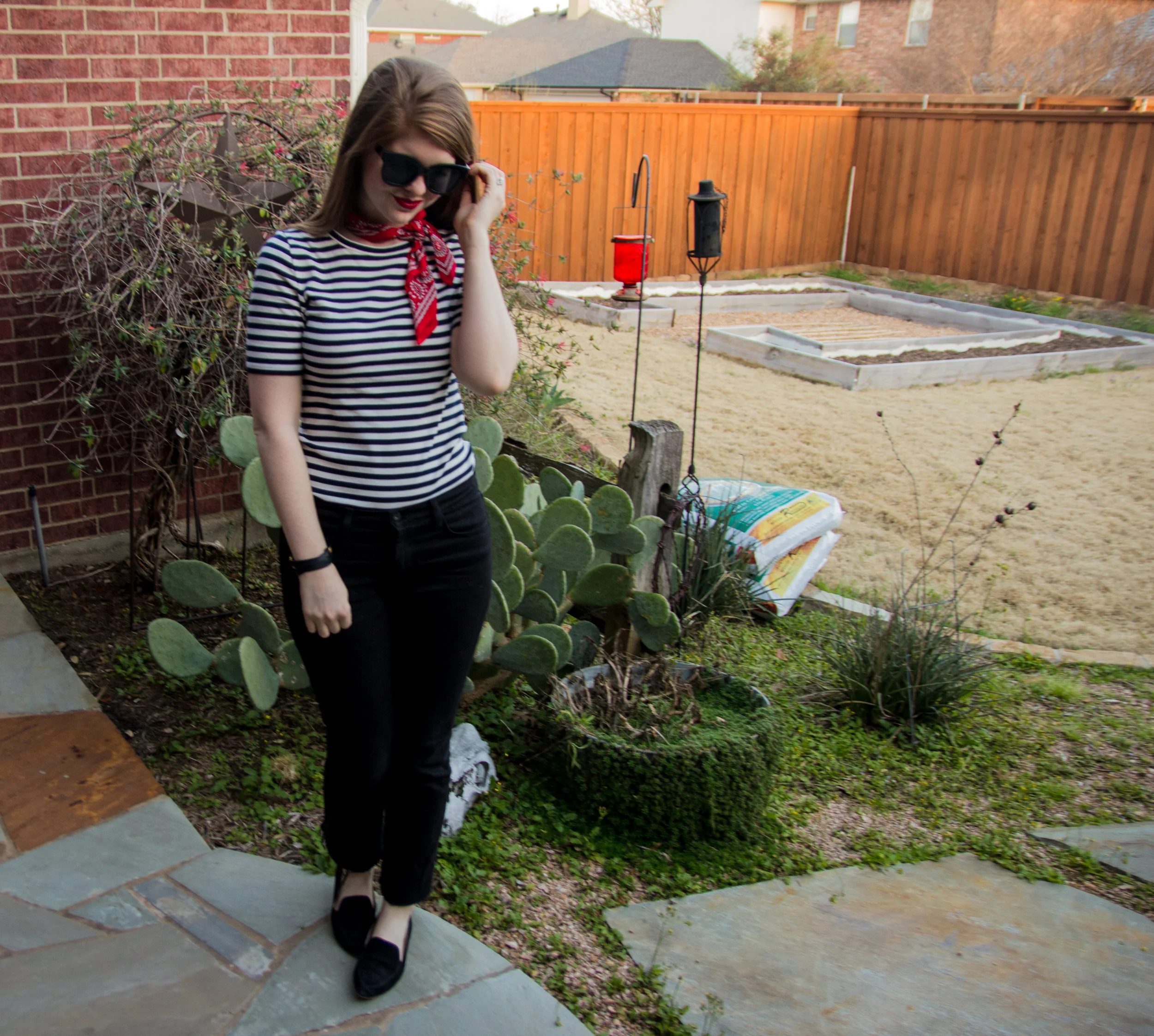 stripes, j crew perfect fit t-shirt, baldwin kick flare jeans, american eagle purrrty sunglasses, madewell silk bandana, nyx lipstick electra, black loafers, now trending: stripes, black, white and red outfit idea