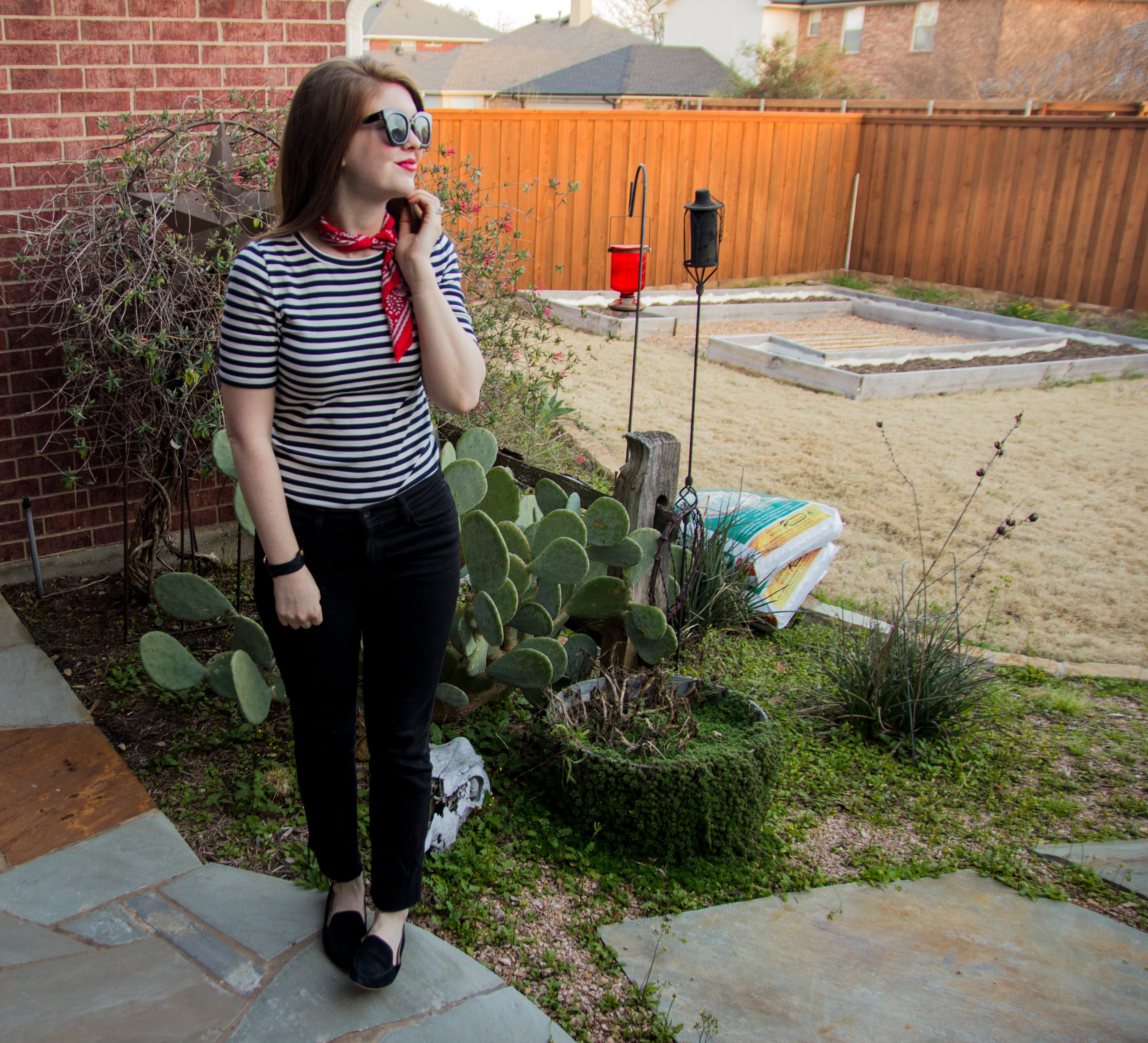 stripes, j crew perfect fit t-shirt, baldwin kick flare jeans, american eagle purrrty sunglasses, madewell silk bandana, nyx lipstick electra, black loafers, now trending: stripes, black, white and red outfit idea