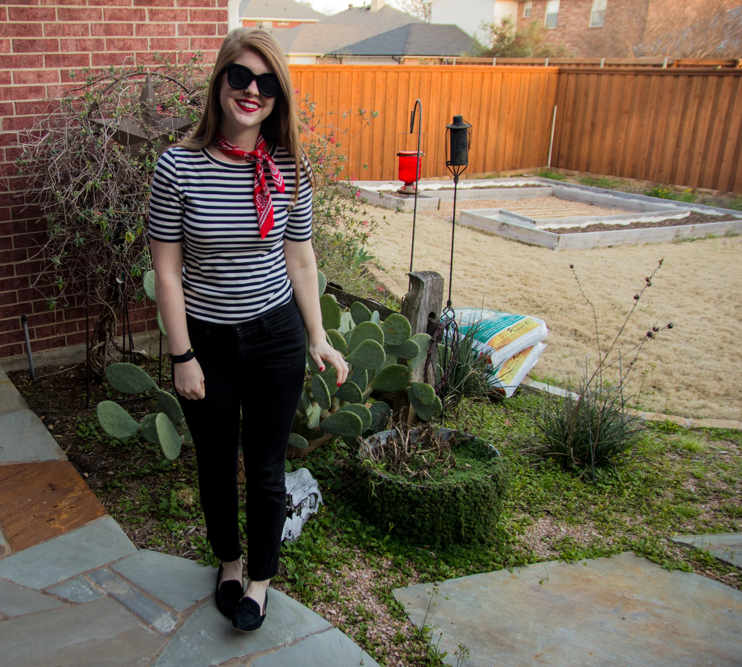 stripes, j crew perfect fit t-shirt, baldwin kick flare jeans, american eagle purrrty sunglasses, madewell silk bandana, nyx lipstick electra, black loafers, now trending: stripes, black, white and red outfit idea