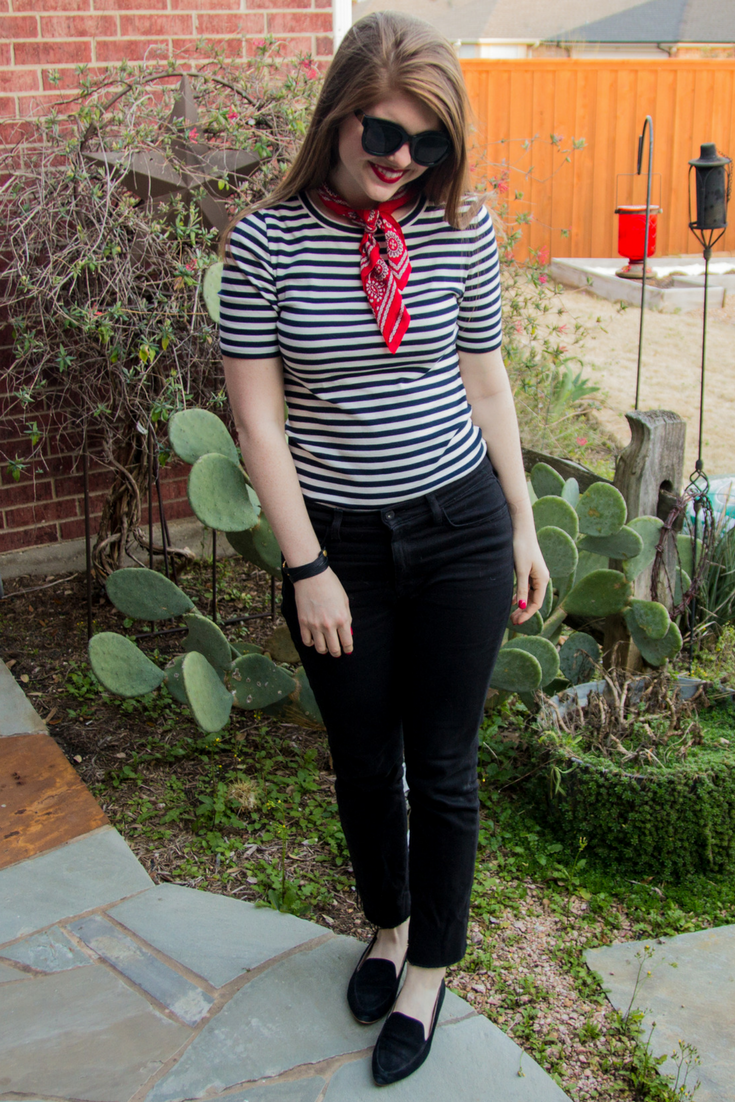 stripes, j crew perfect fit t-shirt, baldwin kick flare jeans, american eagle purrrty sunglasses, madewell silk bandana, nyx lipstick electra, black loafers, now trending: stripes, black, white and red outfit idea