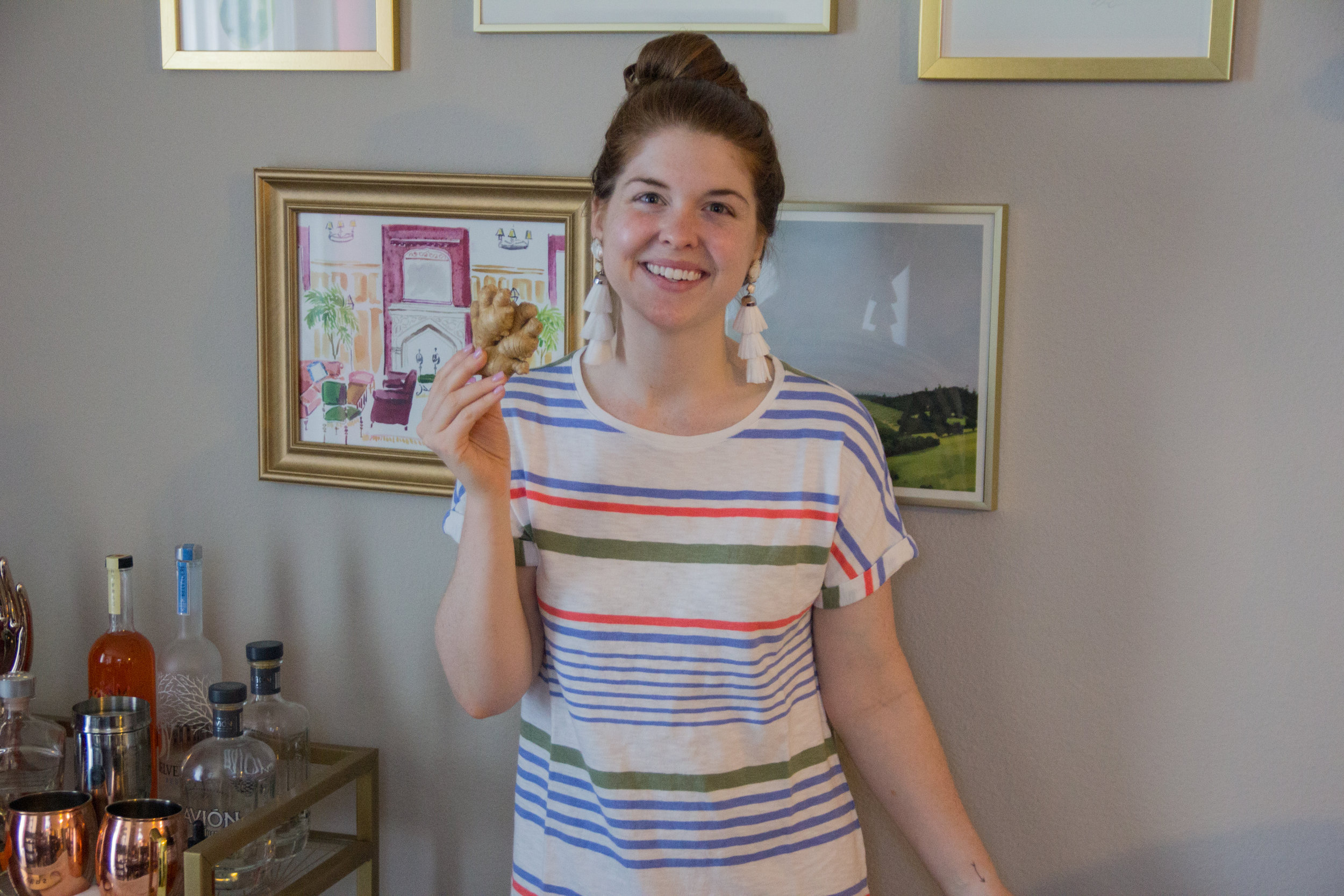 why you should work ginger into your diet, benefits of ginger, benefits of eating ginger, kendra scott diane earrings, lou and grey stripewash t-shirt dress