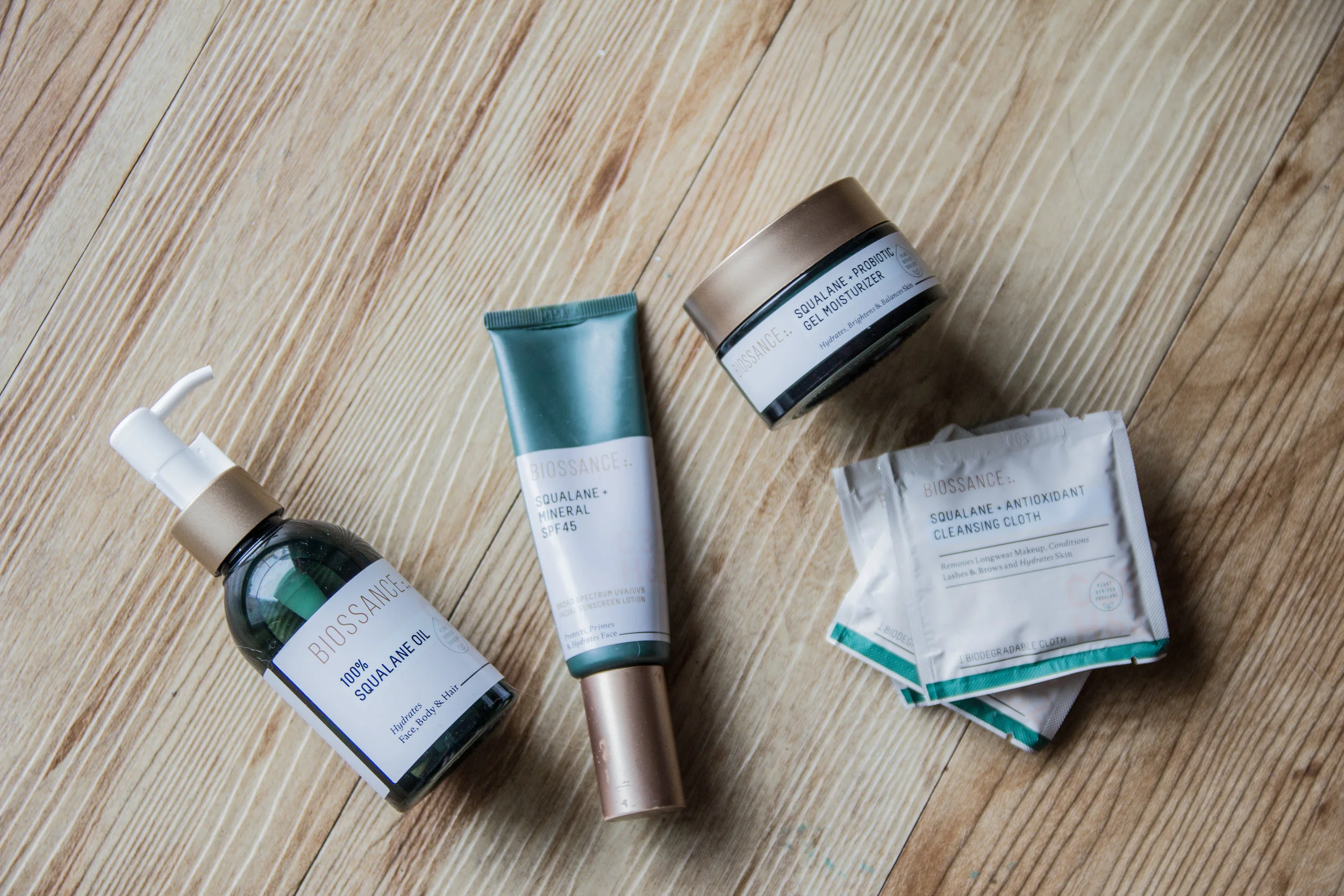 what is squalane and why use it in skincare, biossance, cruelty-free and nontoxic skincare, gel moisturizer, squalane oil, squalane and mineral spf 45 sunscreen, to-go cleansing cloth
