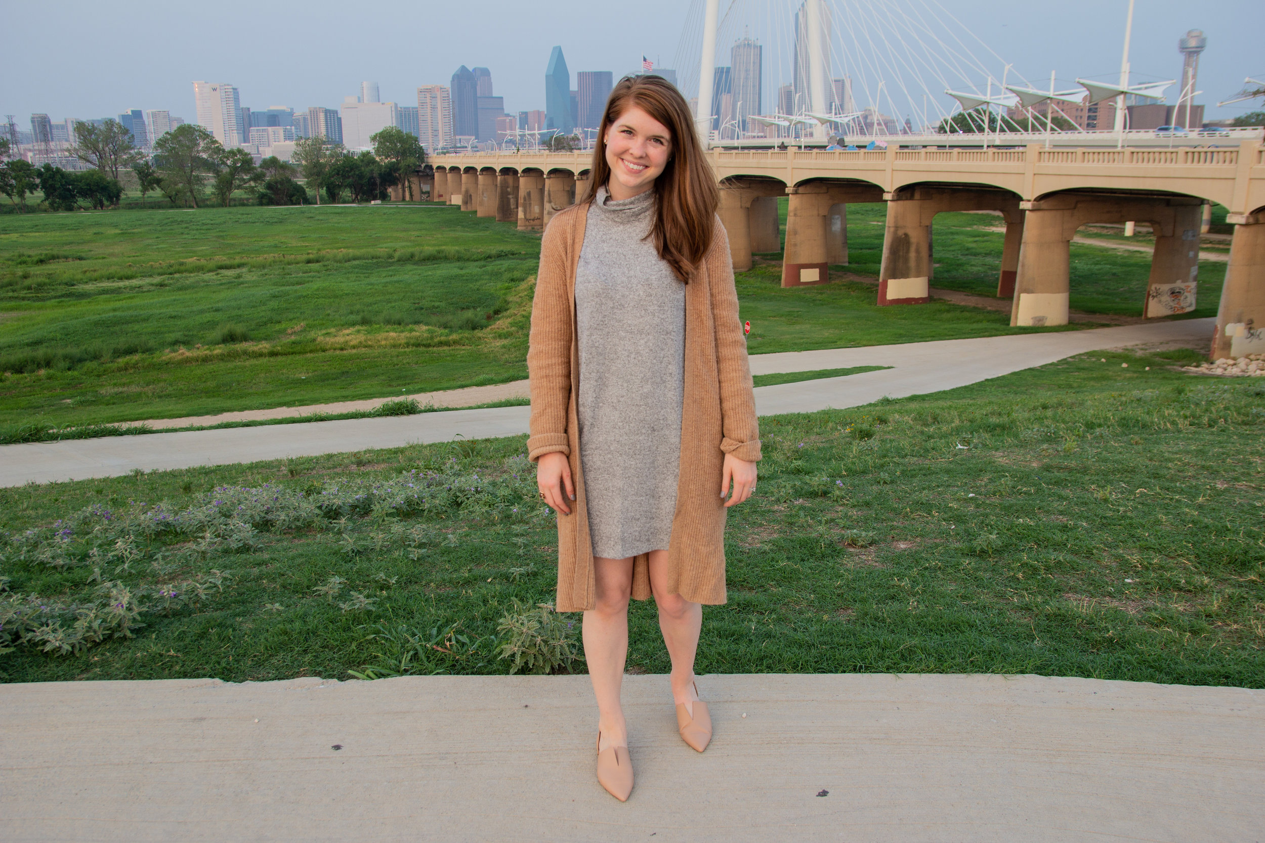 the art of versatility, easy chic, lments of style, ellespann, fall style, fall outfit inspo, aerie plush turtleneck dress, nude vince darlington flats, oatmeal cardigan, dallas blogger