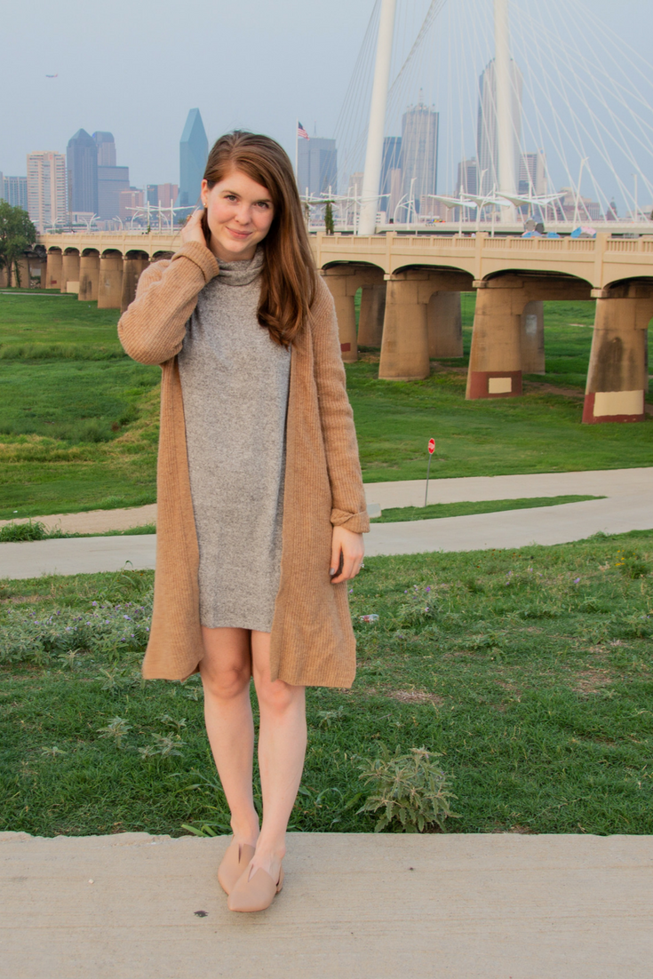 the art of versatility, easy chic, lments of style, ellespann, fall style, fall outfit inspo, aerie plush turtleneck dress, nude vince darlington flats, oatmeal cardigan, dallas blogger