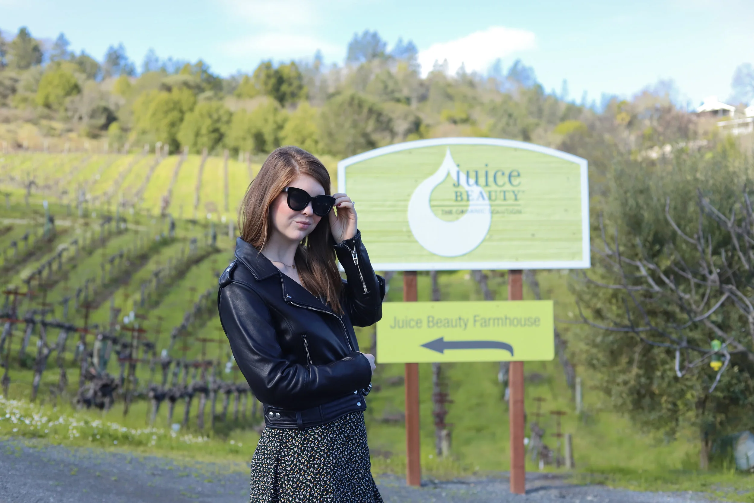 Madewell Button Wrap Dress in Playground Posies | BlankNYC Leather Jacket | American Eagle Aerie Sunglasses | Tall Hunter Rain Boots, juice beauty farm, clean beauty, farm to beauty, sonoma, healdsburg, nontoxic cruelty free skincare