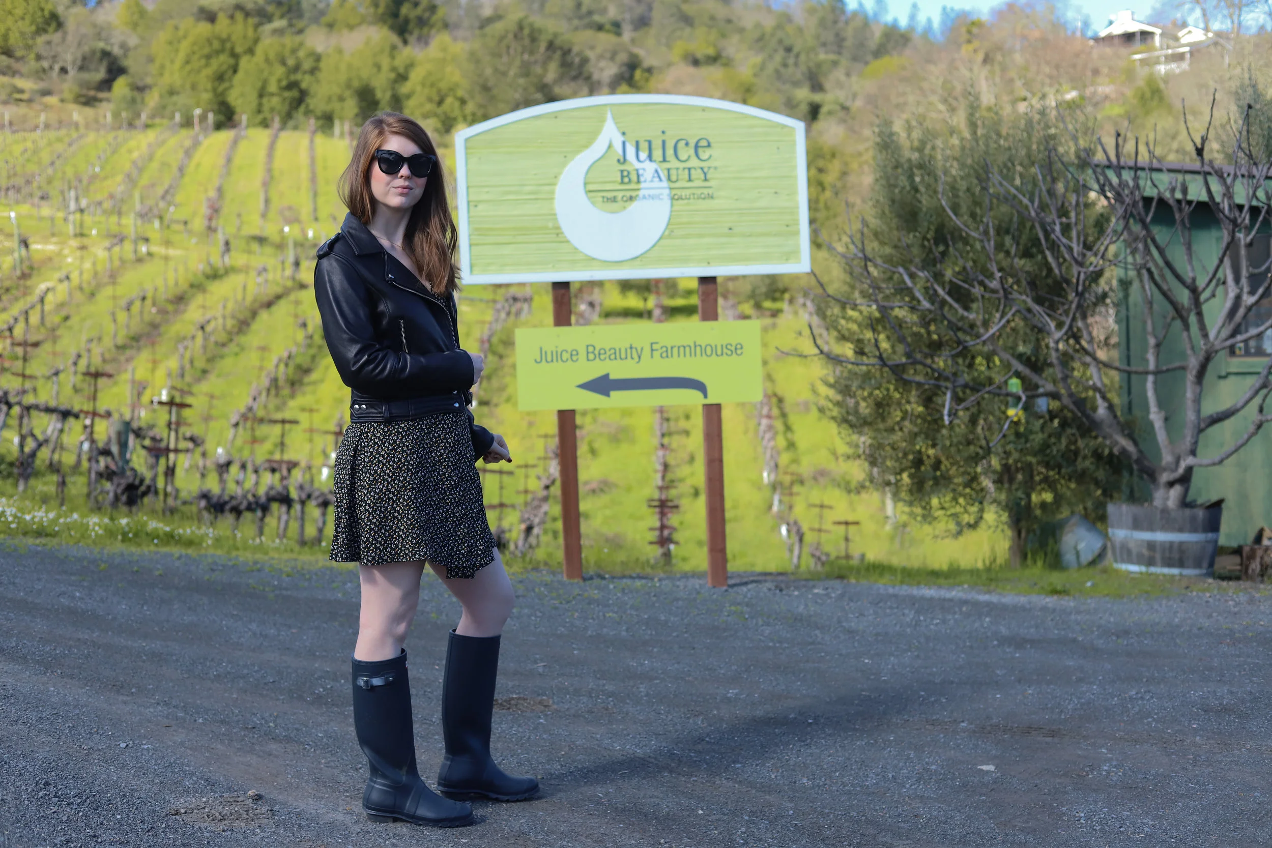 Madewell Button Wrap Dress in Playground Posies | BlankNYC Leather Jacket | American Eagle Aerie Sunglasses | Tall Hunter Rain Boots, juice beauty farm, clean beauty, farm to beauty, sonoma, healdsburg, nontoxic cruelty free skincare