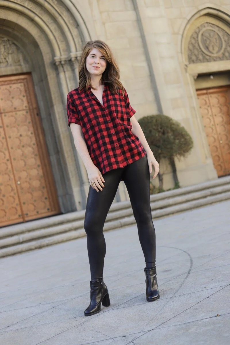 women wearing leather leggings