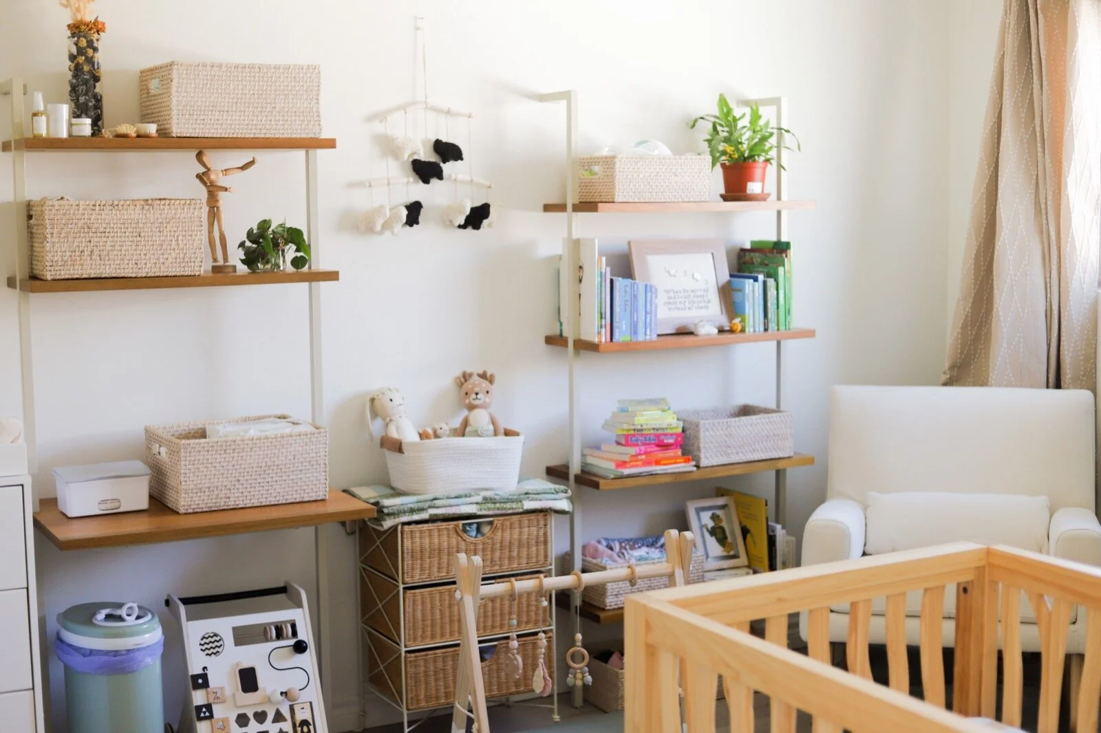 boy girl twin nursery reveal, green neutrals wood baby nursery reveal inspiration inspo, small la apartment nursery, di di twins, nursery works rocker glider chair wide enough for twins, milk street baby branch crib