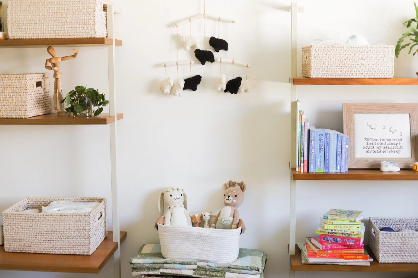 boy girl twin nursery reveal, green neutrals wood baby nursery reveal inspiration inspo, small la apartment nursery, di di twins, nursery works rocker glider chair wide enough for twins, cuddle+kind hannah bunny ellliot fawn