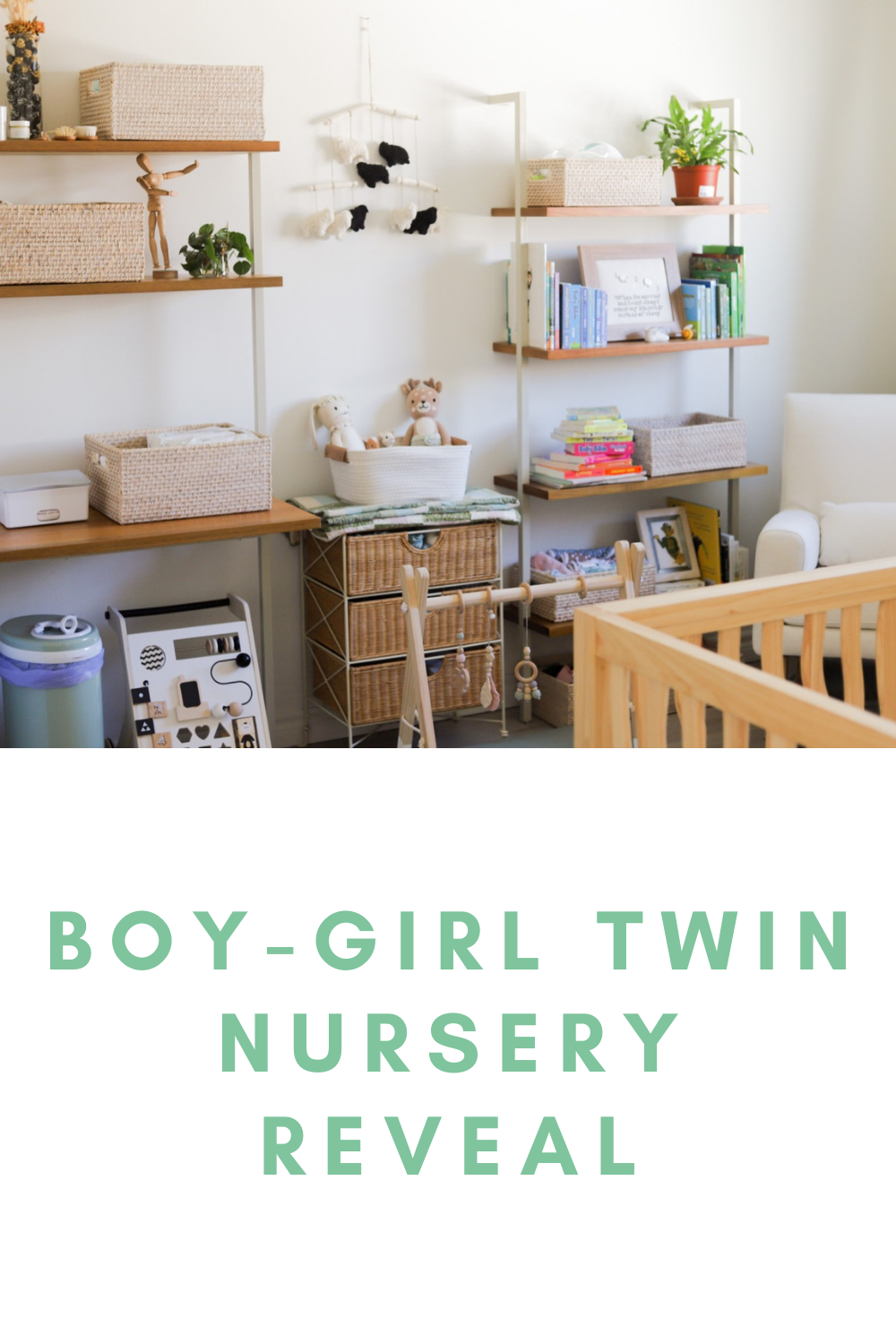 boy girl twin nursery reveal, green neutrals wood baby nursery reveal inspiration inspo, small la apartment nursery, di di twins, nursery works rocker glider chair wide enough for twins, cuddle+kind hannah bunny ellliot fawn