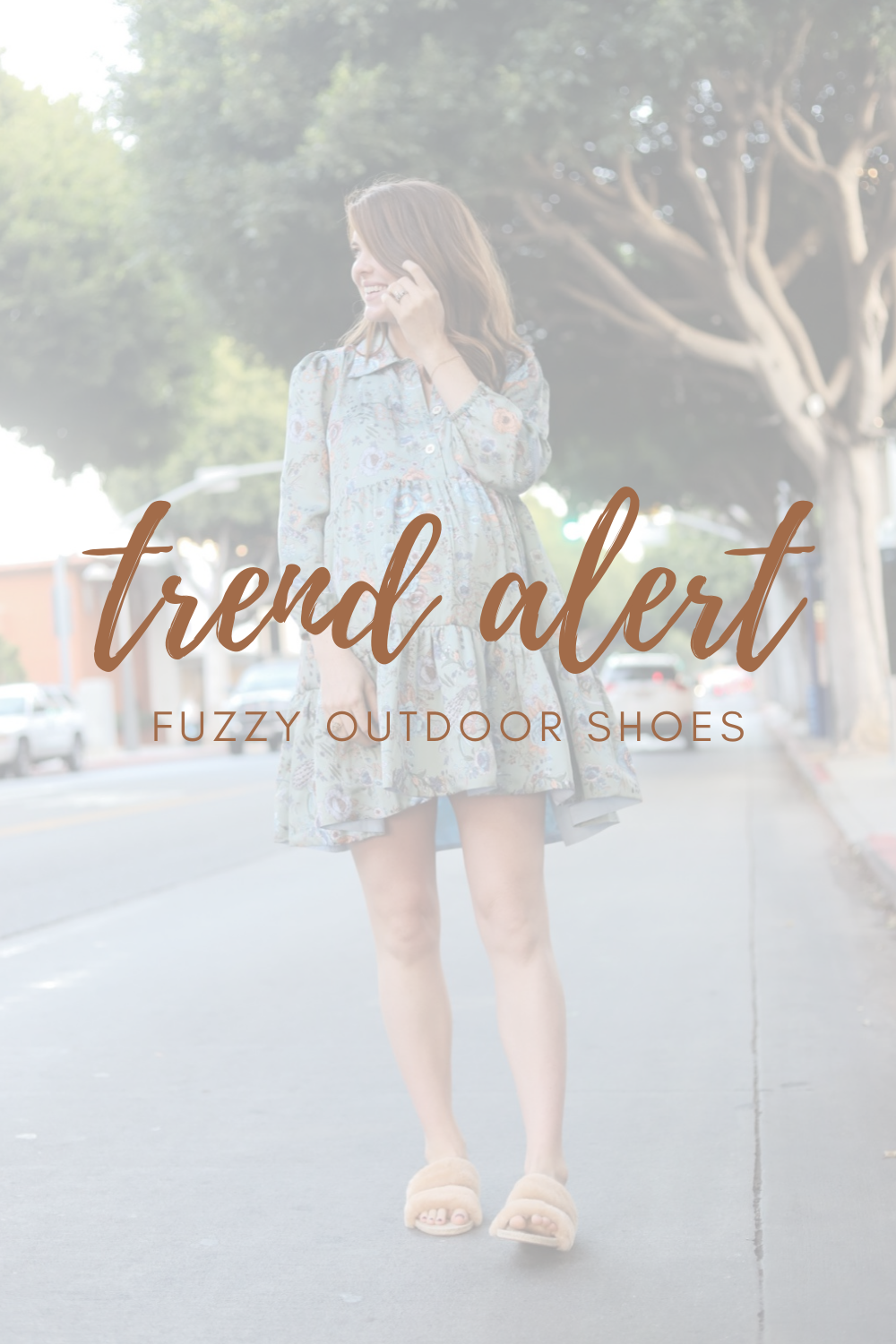 trend alert fuzzy outdoor shoes, slippers you can wear outside, fuzzy shoes, shearling slides, how to style them, how to wear them, lments of style, la blogger, senreve shearling sandal, buru long sleeve tiered mini dress seafoam