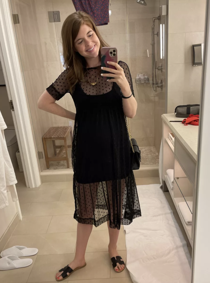 Non-Maternity Bump Friendly Outfit Ideas, lments of style, la blogger, twin pregnancy, what to wear while pregnant, pregnancy outfit ideas, favorite brands to wear while pregnant, mesh overlay dress, amazon fashion