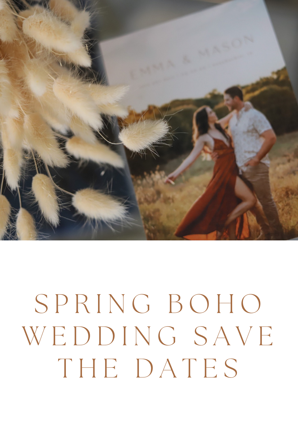 spring boho moody jewel tone save the date wedding cards, rusts, greens, lments of style, texas wedding, bunny tails mini pampas grass