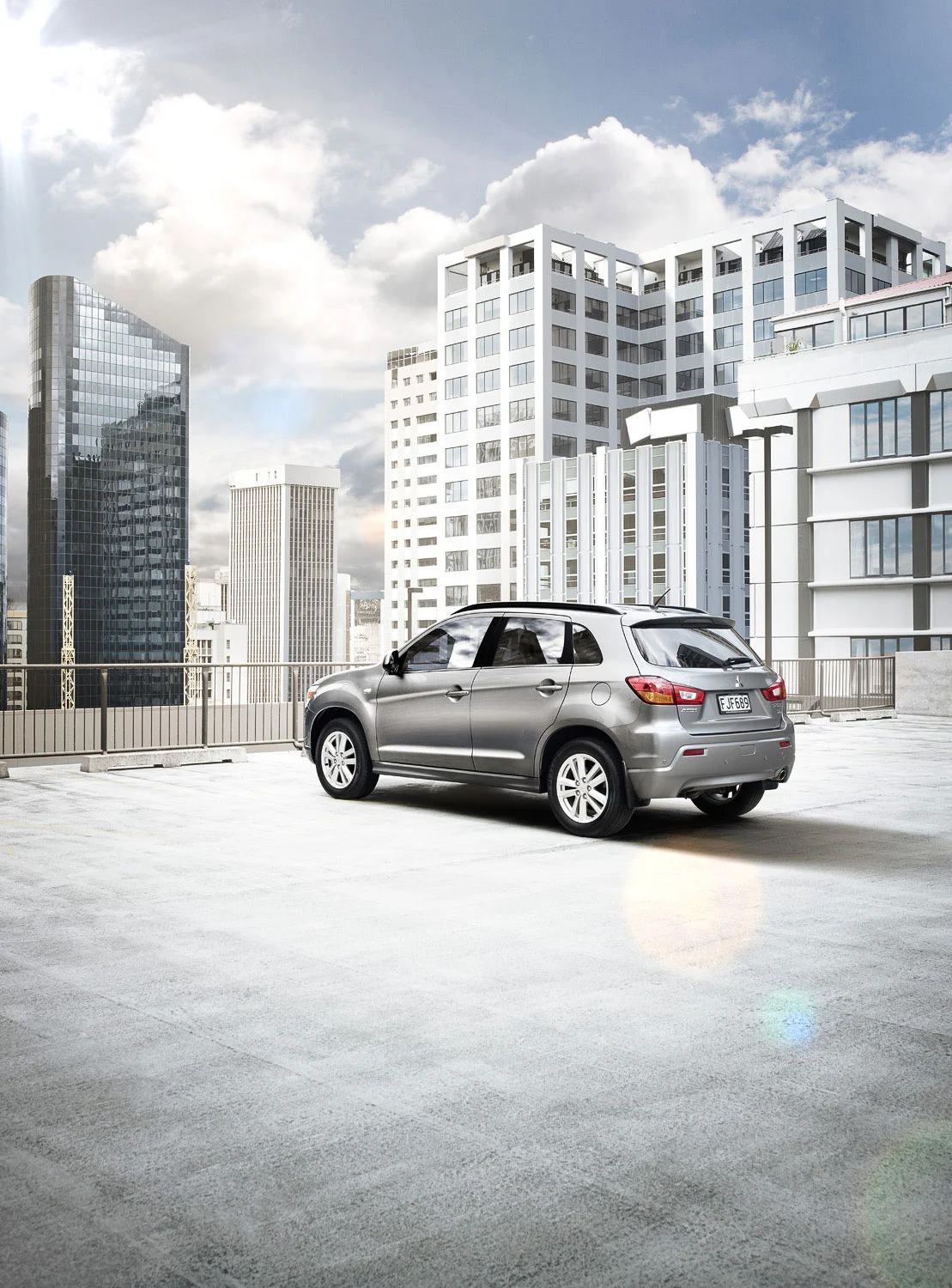 Mitsubishi ASX parked on high-rise roof in city centre